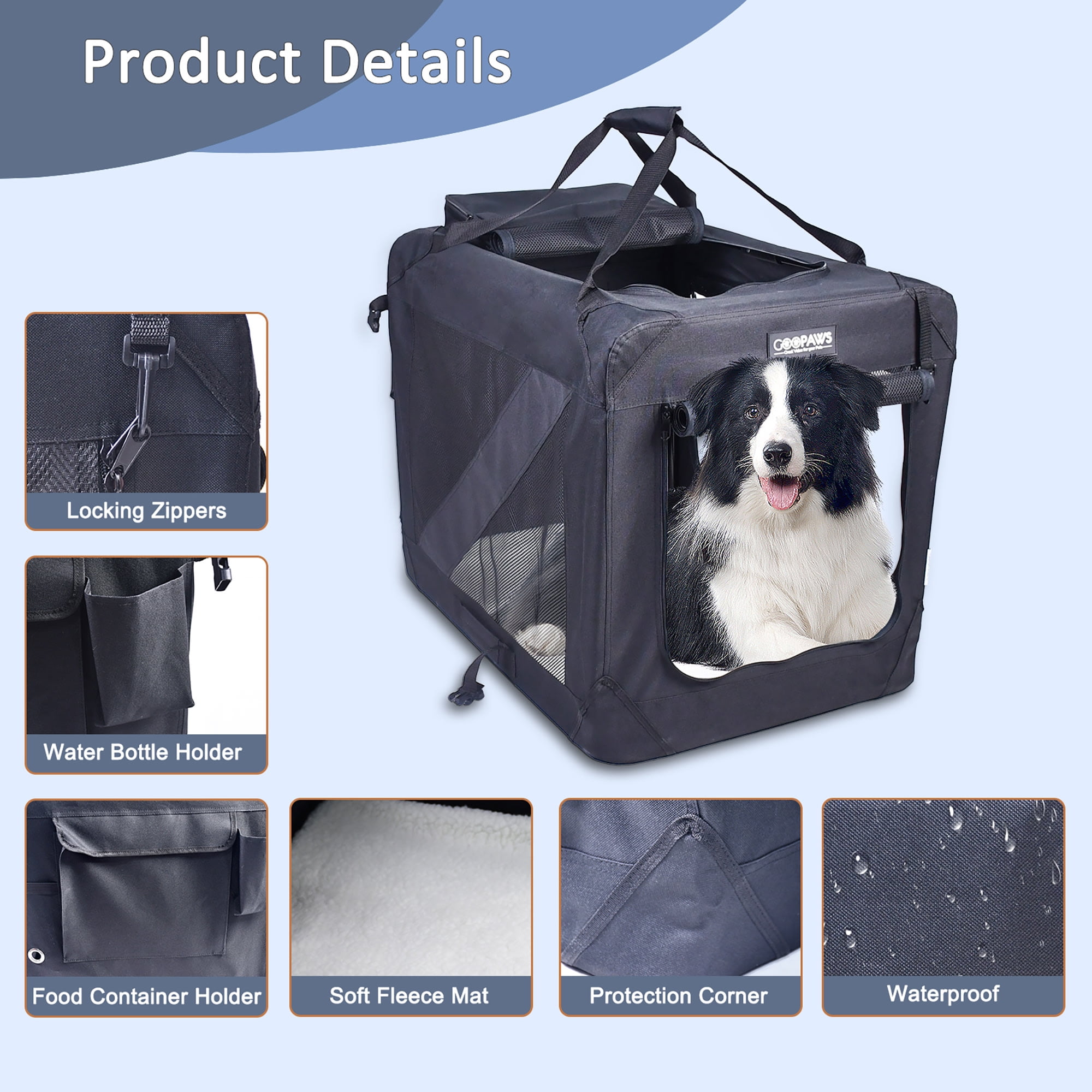 JESPET: 36" Soft Pet Crate - Black - Dogs & Cats Up to 70 lbs, 3 Door Folding Kennel, Indoor Outdoor Travel Carrier, Mesh Windows, Fleece Mat, GooPaws - Image 4