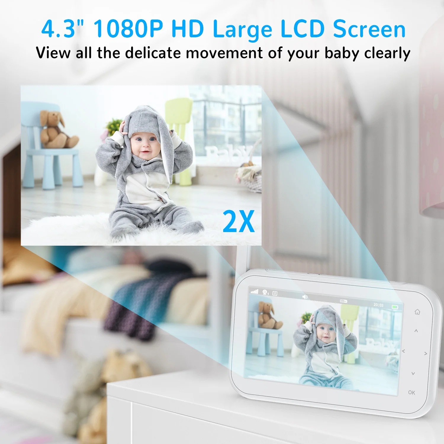 FEBFOXS 4.3" Baby Monitor with Camera and Audio, Video Baby Monitor, Baby Camera with 1300 ft Range, 2X Zoom, 2-Way Talk Night Vision, No WiFi - Image 8