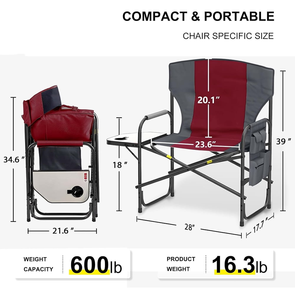 XXL Oversized Directors Chairs Support to 600 Lbs, Heavy Duty Camping Chairs with Foldable Side Table, Detachable Side Pocket, Folding Outdoor Chair for Outside,Lawn,Beach,Fishing(Red) - Image 2
