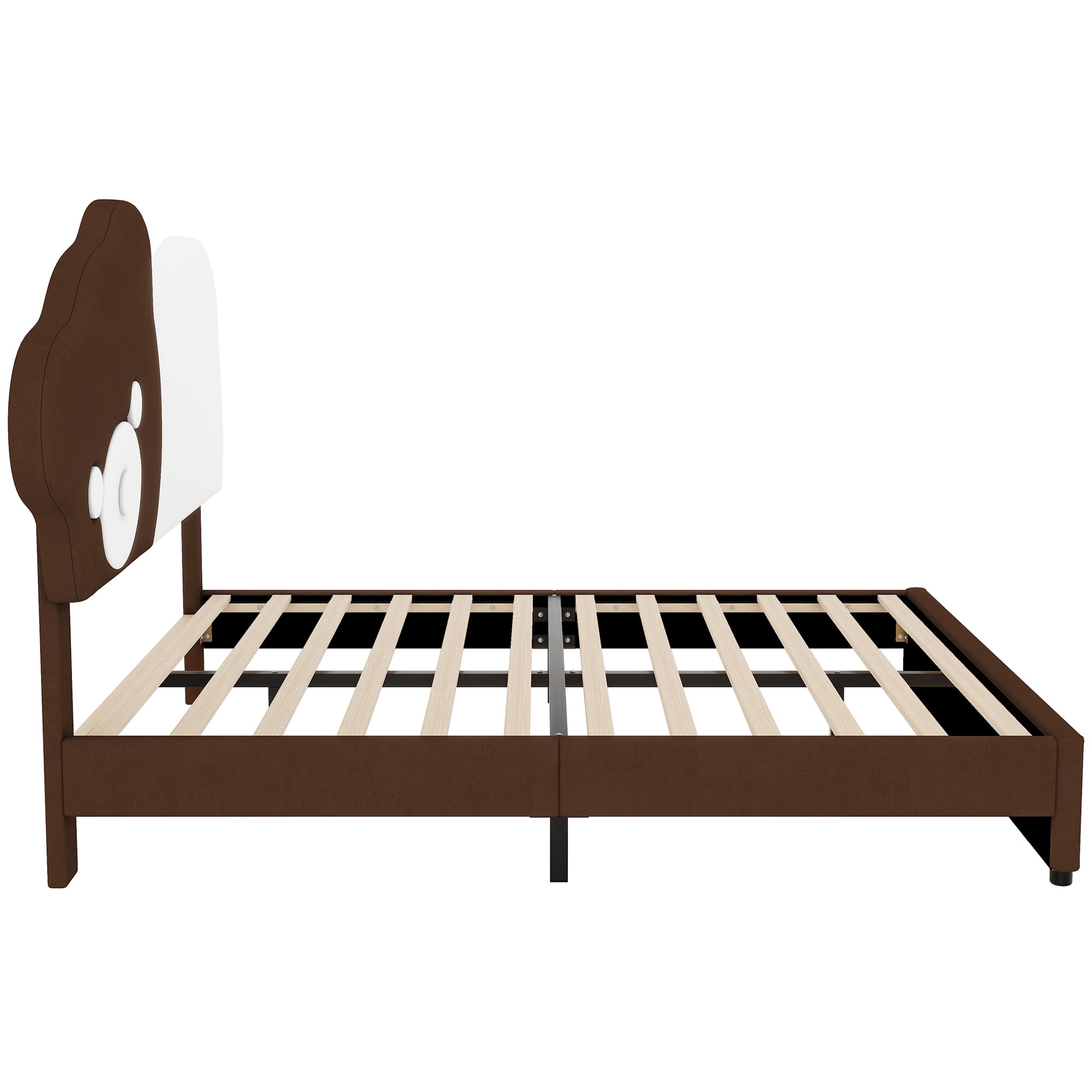 Euroco Upholstered Full Size Platform Bed Frame, Cartoon Bear-Shaped Bed with LED Light for Kids, White - Image 6