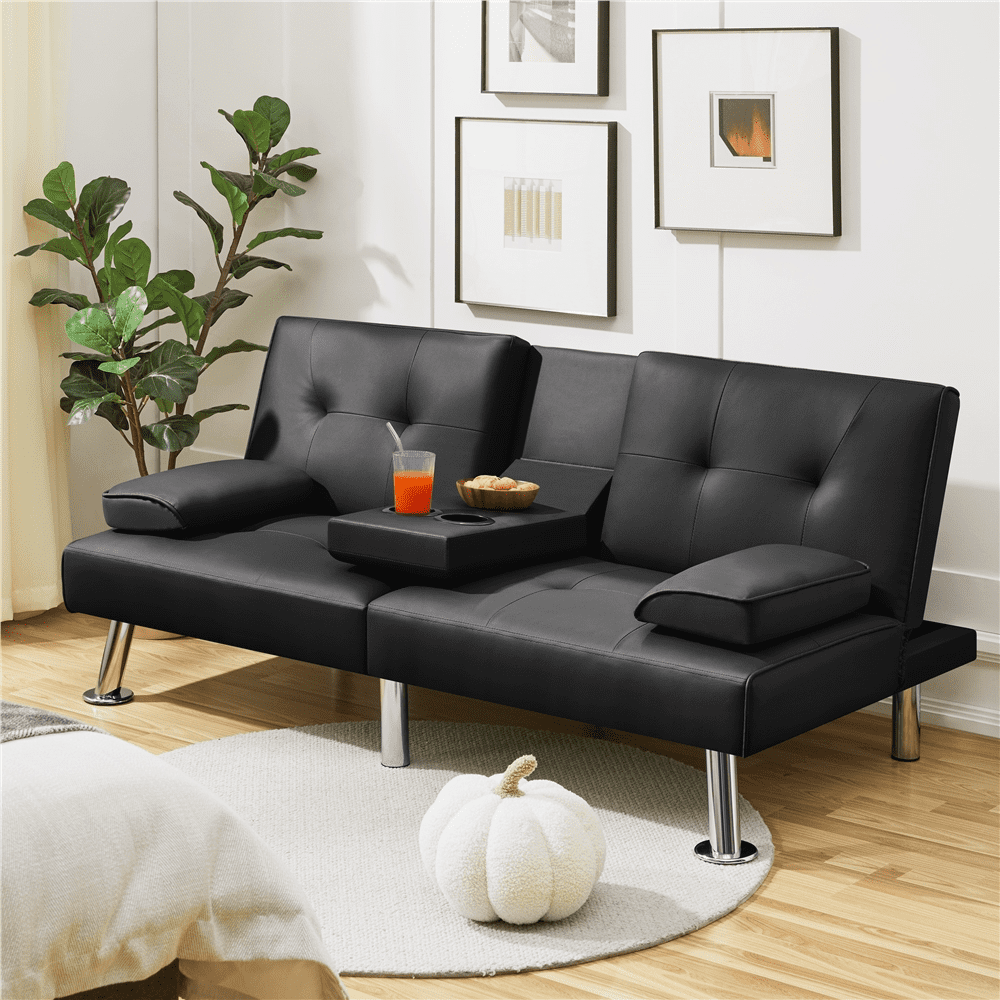 Renwick Modern Faux Leather Futon Sofa Bed Convertible Folding Couch with Cup Holders, Black - Image 2