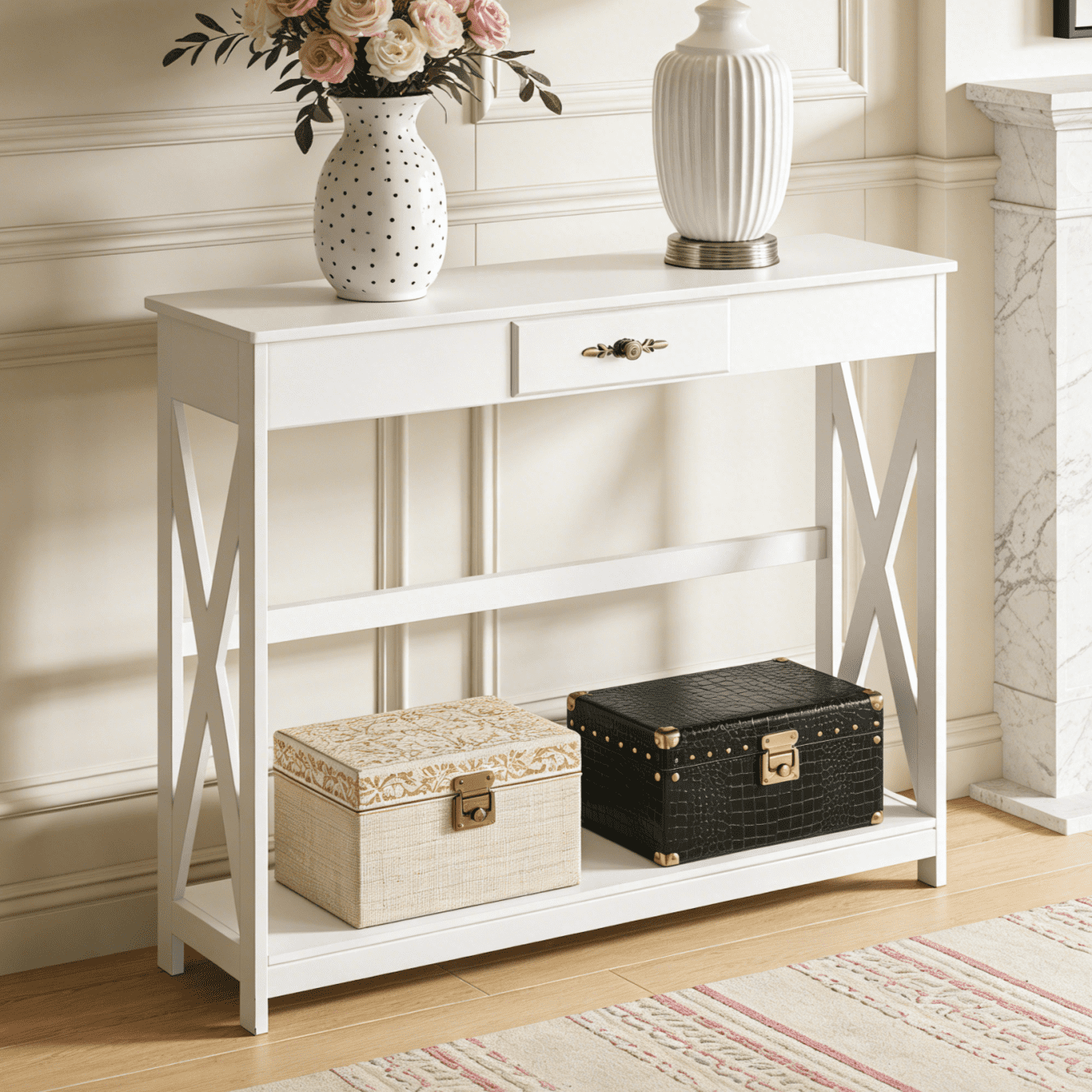 Ktaxon Mid-Century Console Table Sofa Table with 1 Drawer and Shelf, 39.5" Modern Narrow Entryway Table with Storage for Hallway, Living Room, Foyer, White - Image 2