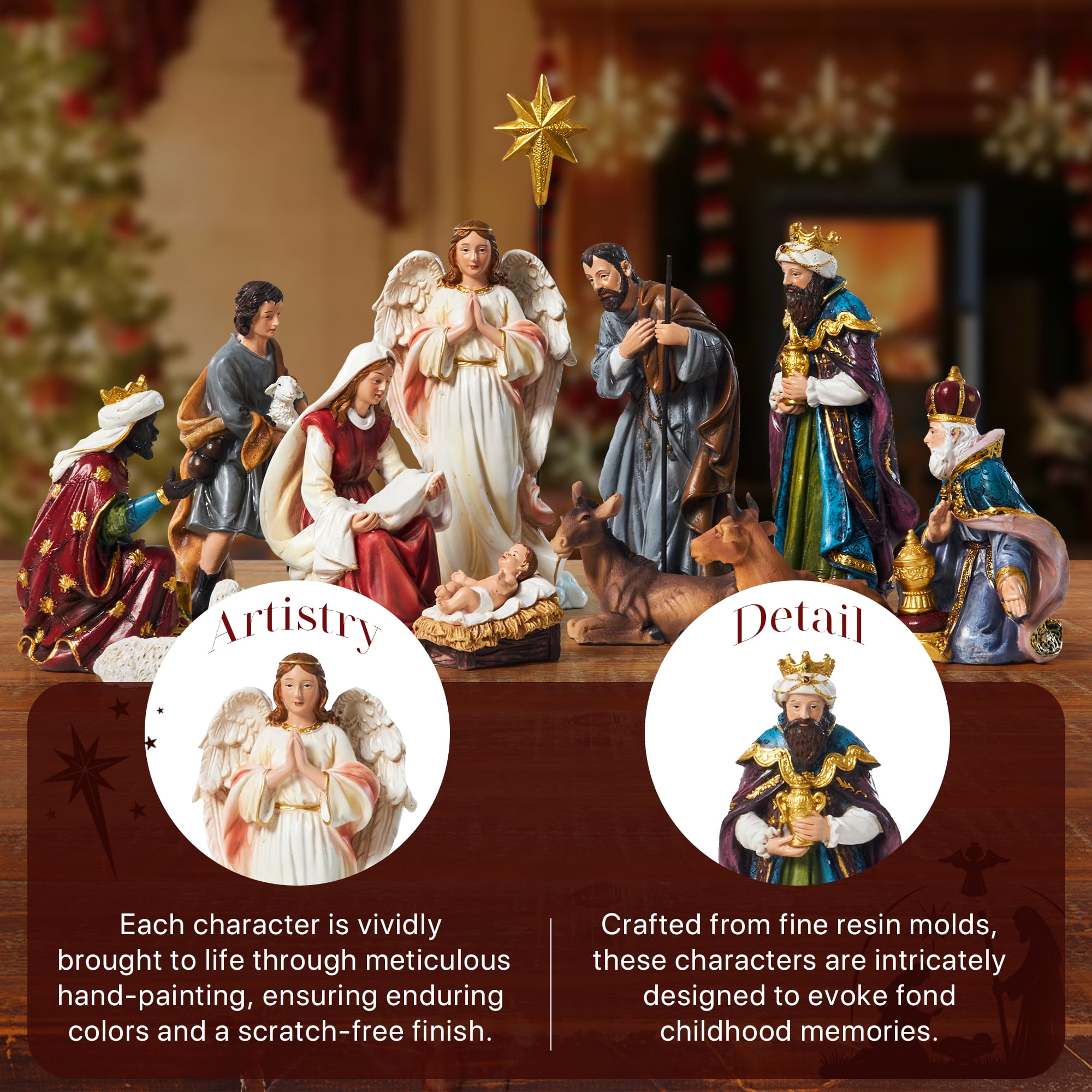KUETH Nativity Sets for Christmas Indoor Nativity Scene Set Resin Figurine Christmas Ornament Religious Table Holidays Decor Gifts 13 Pieces 7.9 Inch - Image 2