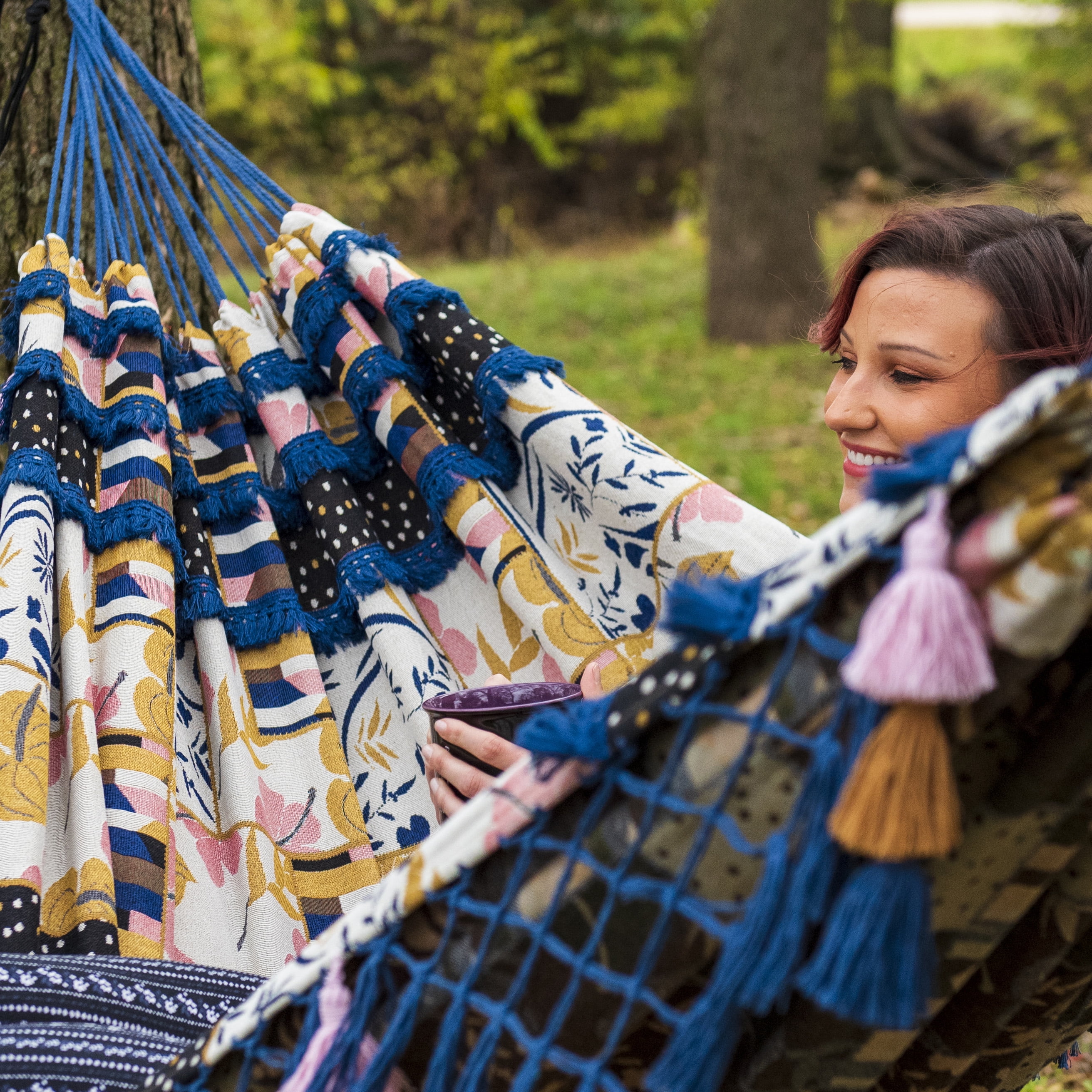 Equip Jacquard Bohemian Macrame Hammock, Blue Patchwork Print, Size 126 in. L x 59 in. W - Image 7