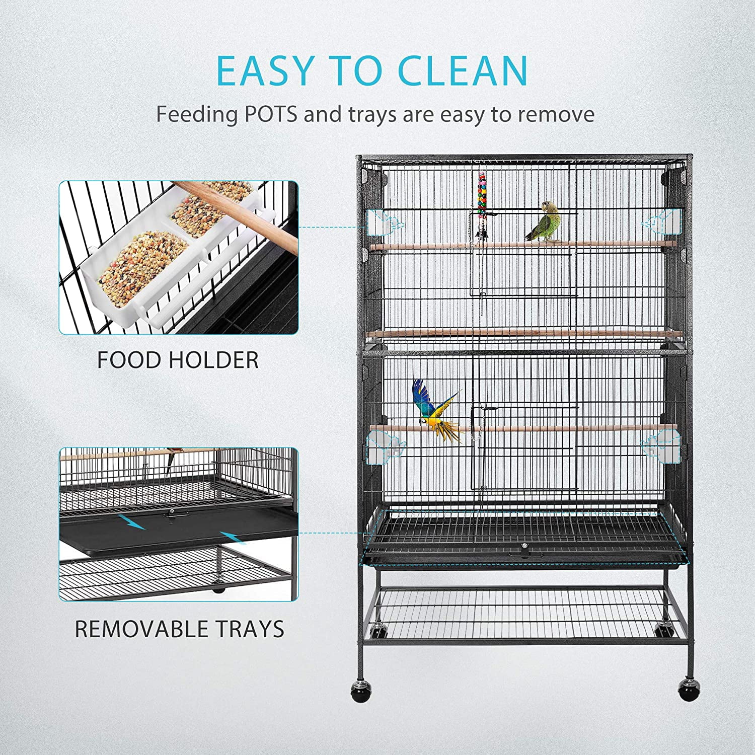 VIVOHOME 53" Large Rolling Metal Bird Cage for Parrots Conures Lovebird Cockatiel Parakeets, Black - Image 5