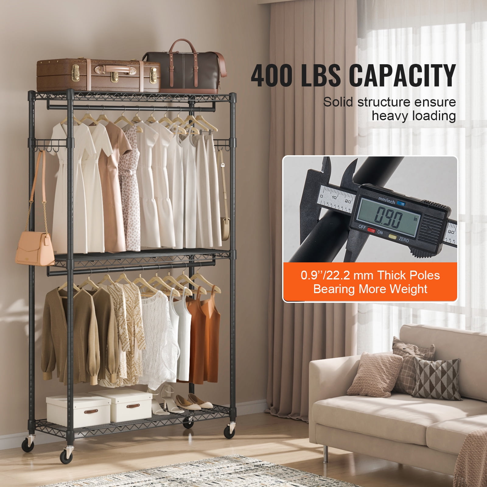 KFFKFF Clothes Rack 3 Tiers 400 lbs Rolling Free-Standing Clothing Garment Rack with 2 Rods Lockable Wheels and Side Hooks 45.7x17.7x80.3 in Black - Image 4
