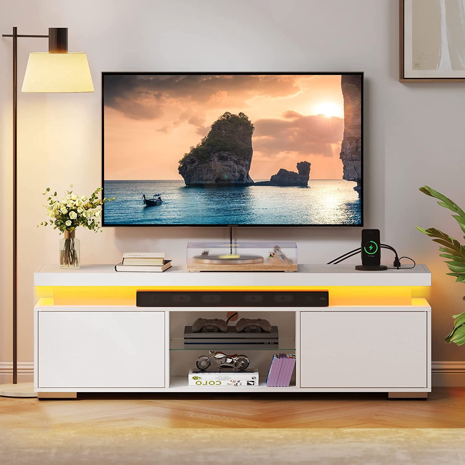 DEXTRUS LED Entertainment Center with Power Outlets, Modern TV Stand for 55/60/65 inch, Universal Gaming LED TV Media Stand w/Large Storage, White - Image 4