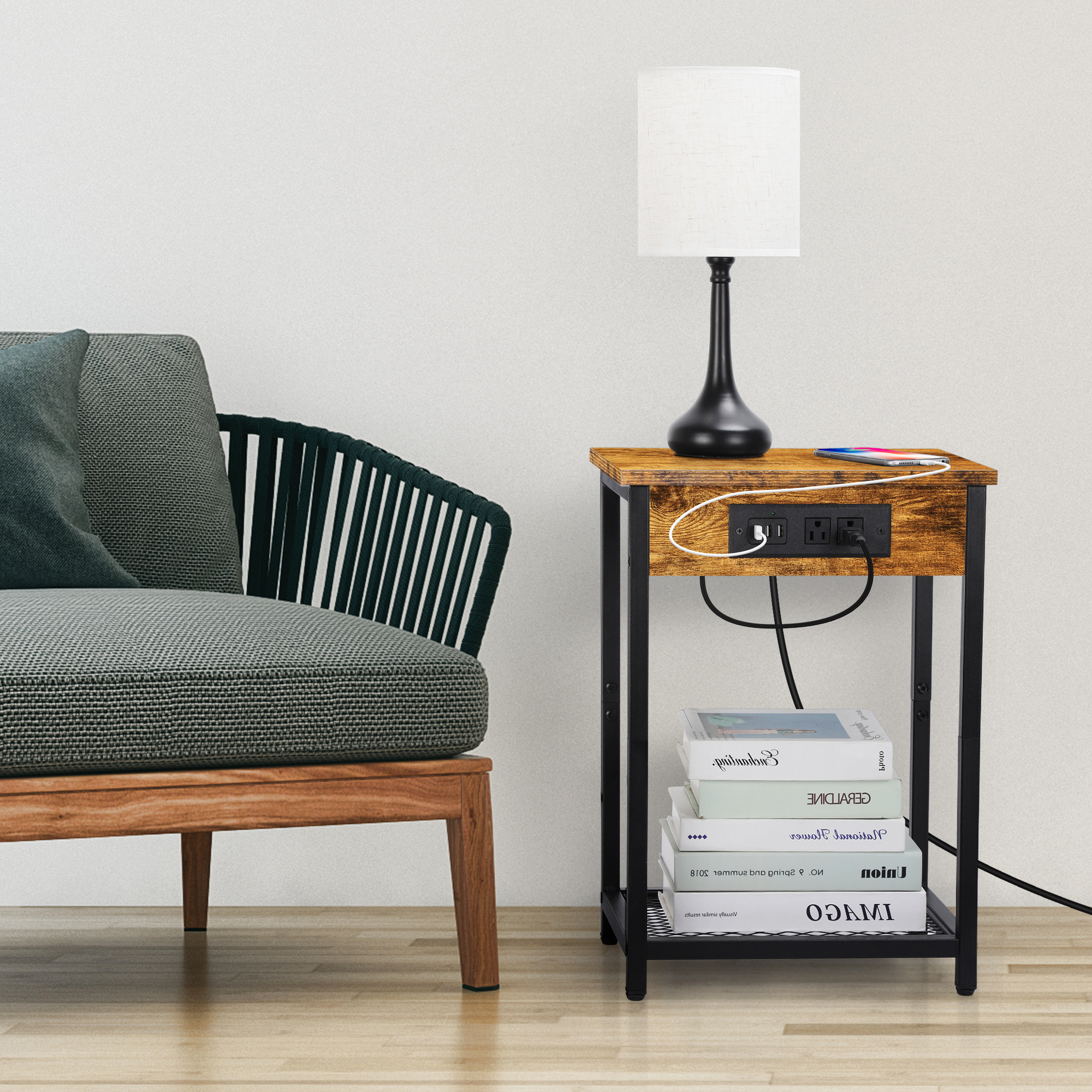 Oumilen Adult Nightstand End Table with Charging Station Rustic Brown, Set of 2 - Image 4