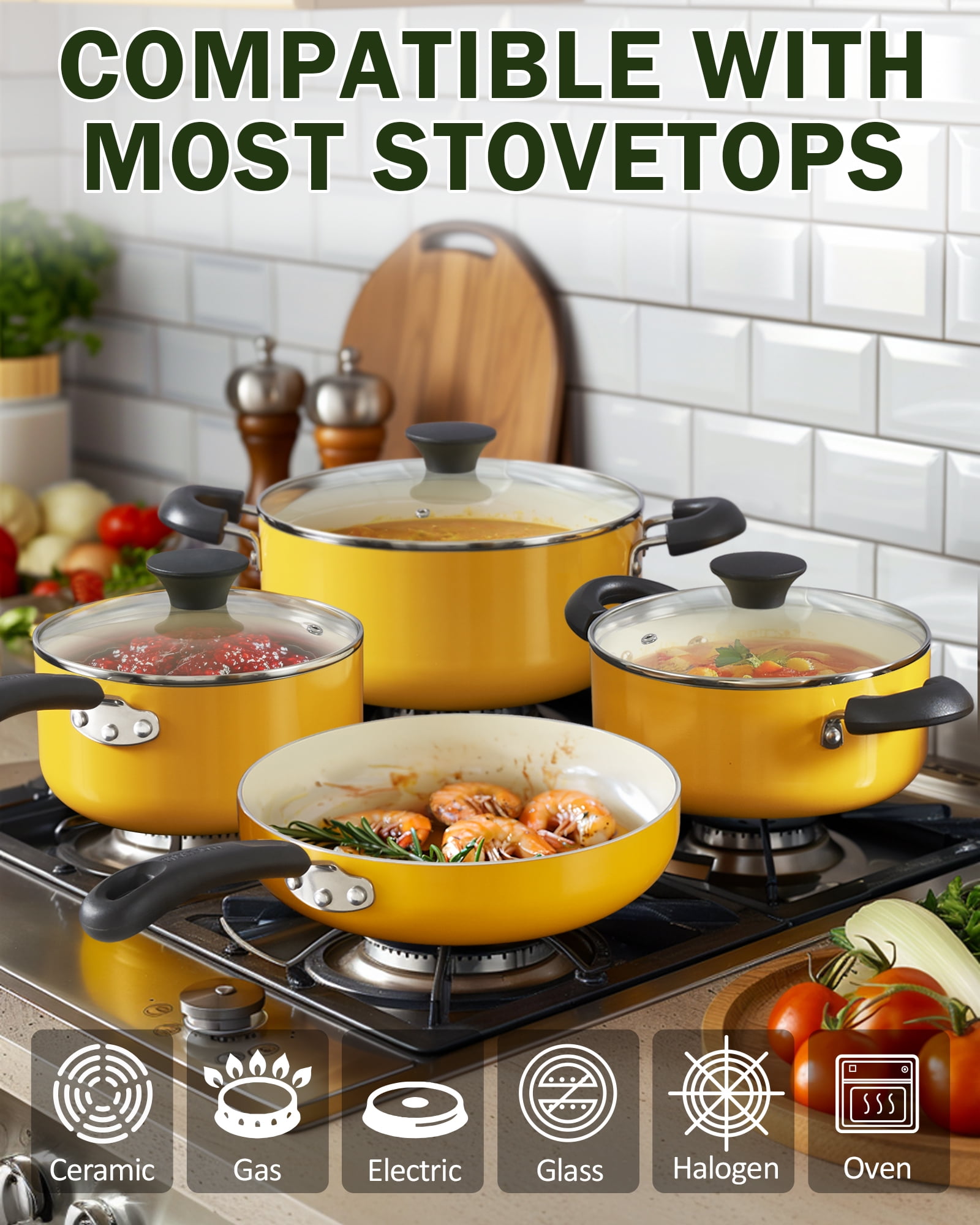 Cook N Home Nonstick Pots and Pans, 10-Piece Ceramic Kitchen Cookware Sets, Cooking with Saucepans, Frying Pans, Dutch Oven Pot with Lids, Yellow - Image 4