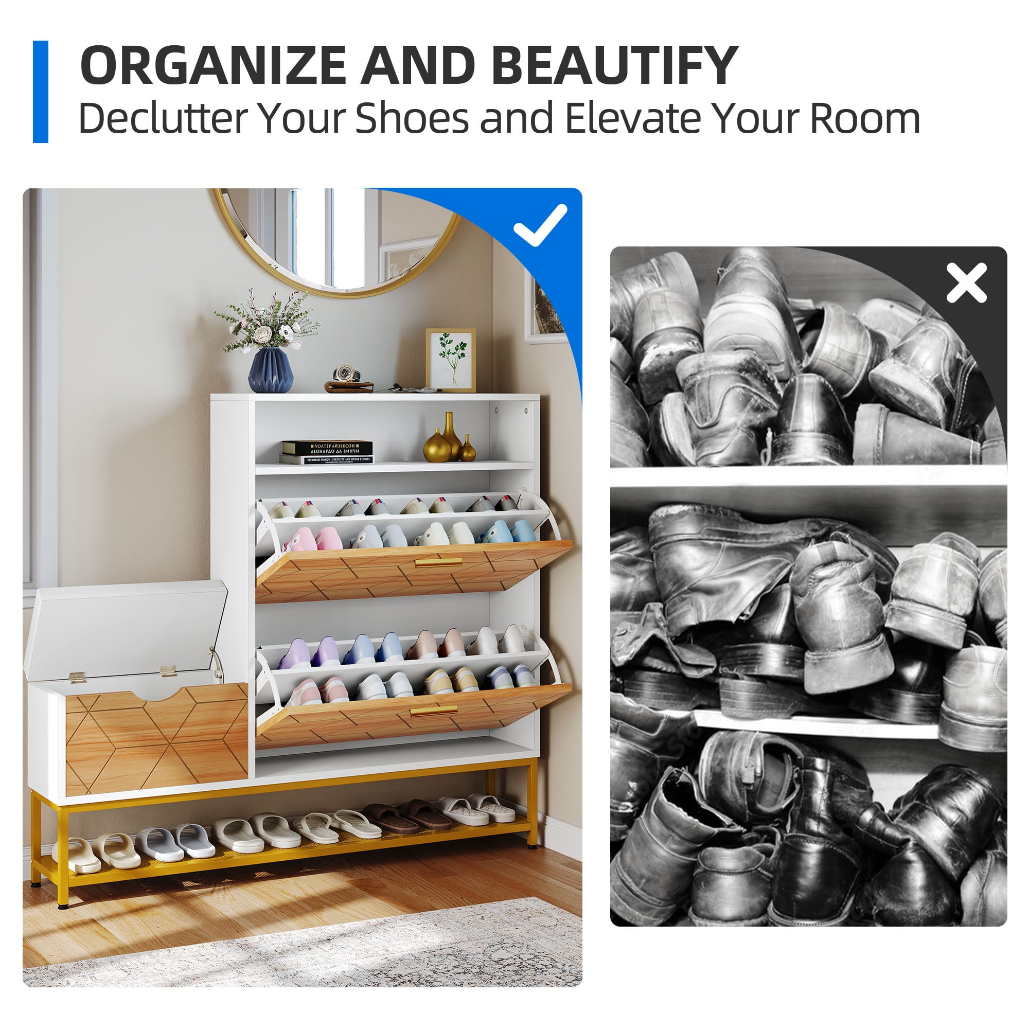 Dextrus Shoe Cabinet with 2 Flip Drawers & Open Shelf , Modern Shoe Storage Cabinet with Storage Bench, Freestanding Shoe Rack Storage Organizer Bench for Hallway Entryway, White - Image 4