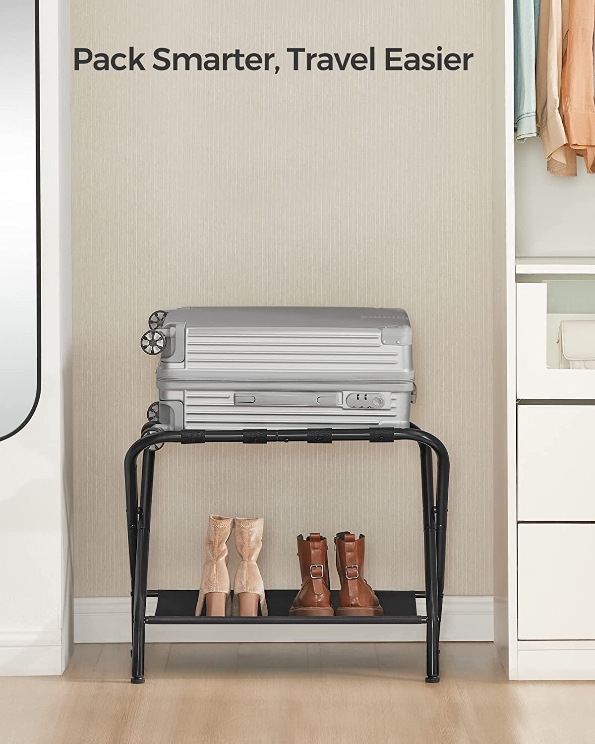 Luggage Racks Set of 2 Suitcase Stand with Fabric Storage Shelf for Guest Room Bedroom Hotel Foldable Holds up to 110 lb Black - Image 5