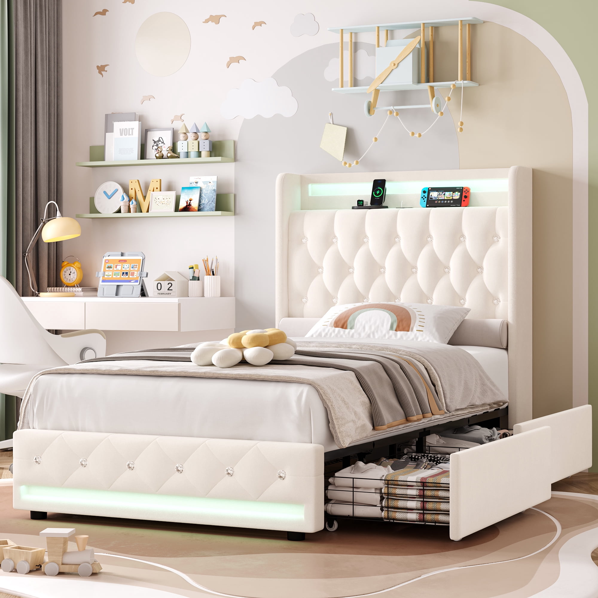 Homfa Twin Bed Frame with LED Light & Charge Station, 2 Storage Drawers Modern Upholstered Wingback Platform Bed Frame, Beige Velvet - Image 2