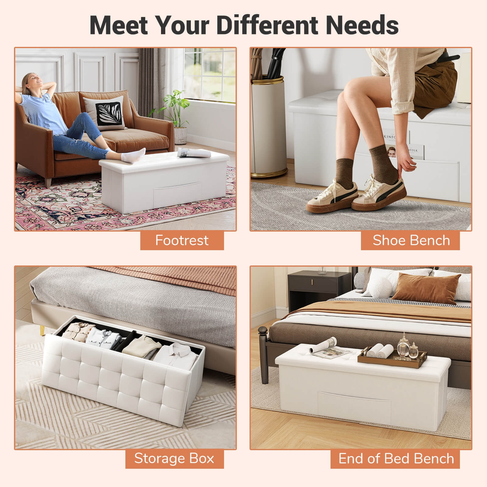 Costway 43 Inches Folding Storage Ottoman Bench Foot Rest Stool with Side Pocket White - Image 9