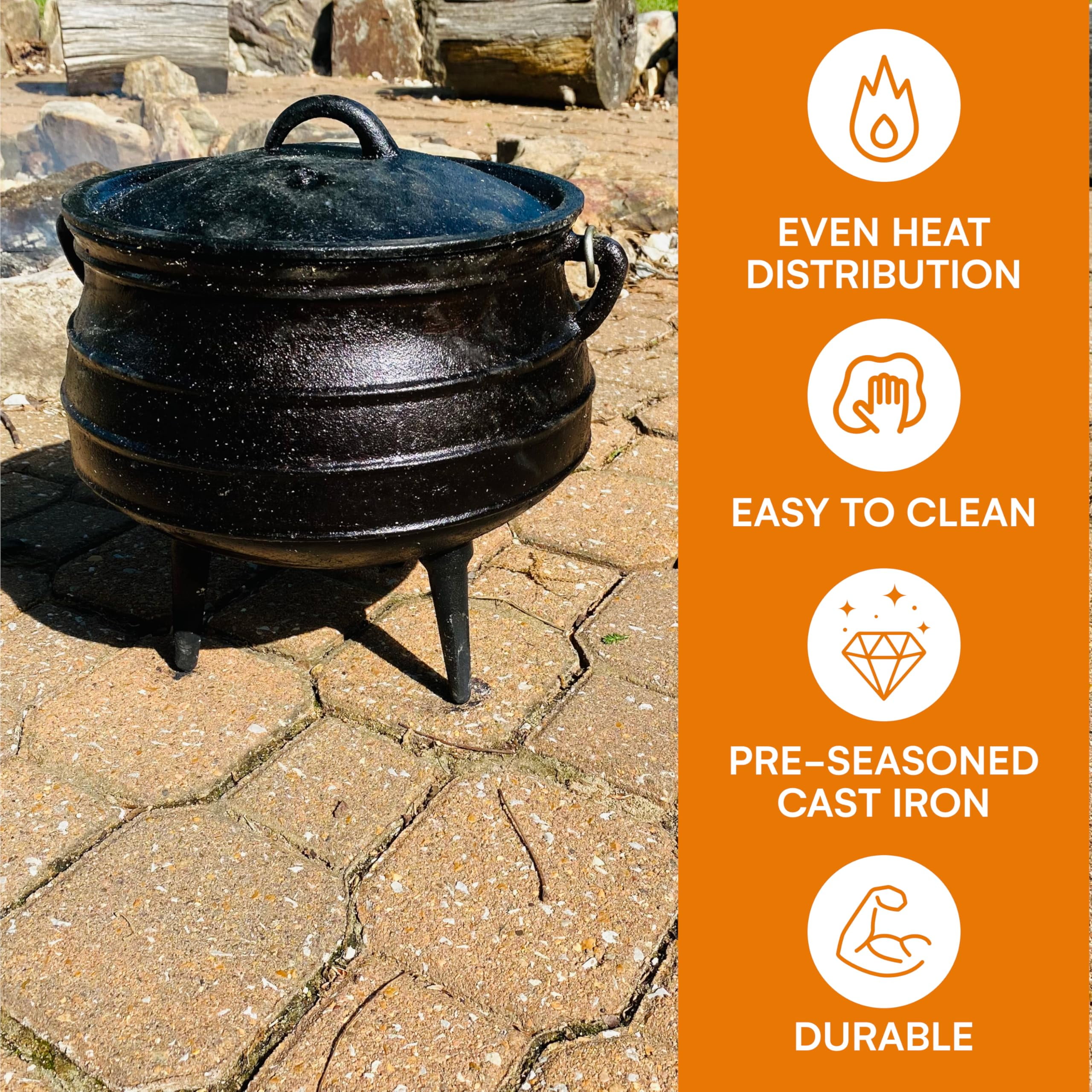 Bruntmor 8-Quart Pre-Seasoned Cast Iron Cauldron - African Potjie Pot with Lid - 3-Legged Pot for Even Heat Distribution - Outdoor Cast Iron Dutch Oven Cookware for Campfire Cooking and Boiling - Image 6