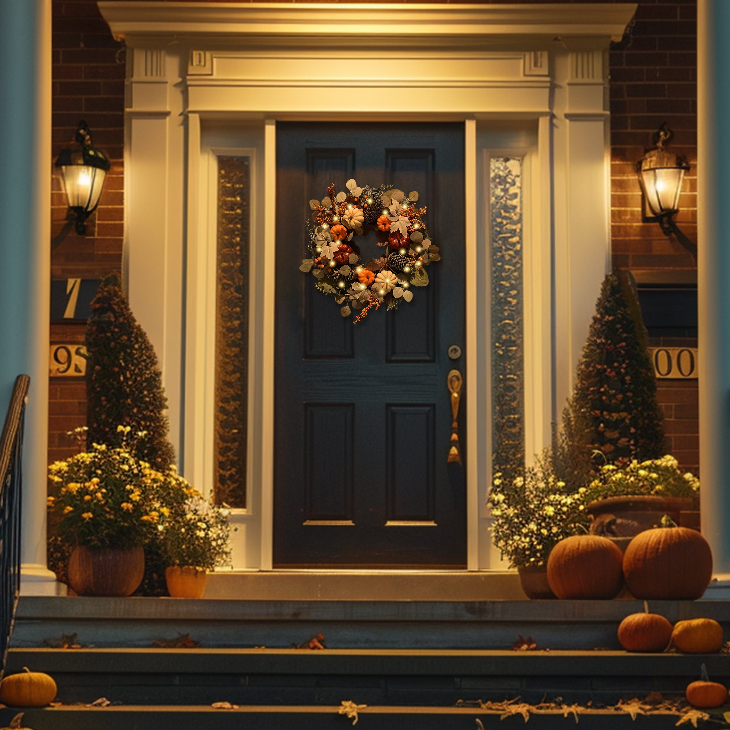 Valery Madelyn 24 inches Pre-Lit Fall Wreath Lighted Thanksgiving Wreath with Red Orange White Pumpkin & Pine Cone Harvest Wreath for Front Door Fireplace Farmhouse - Image 3