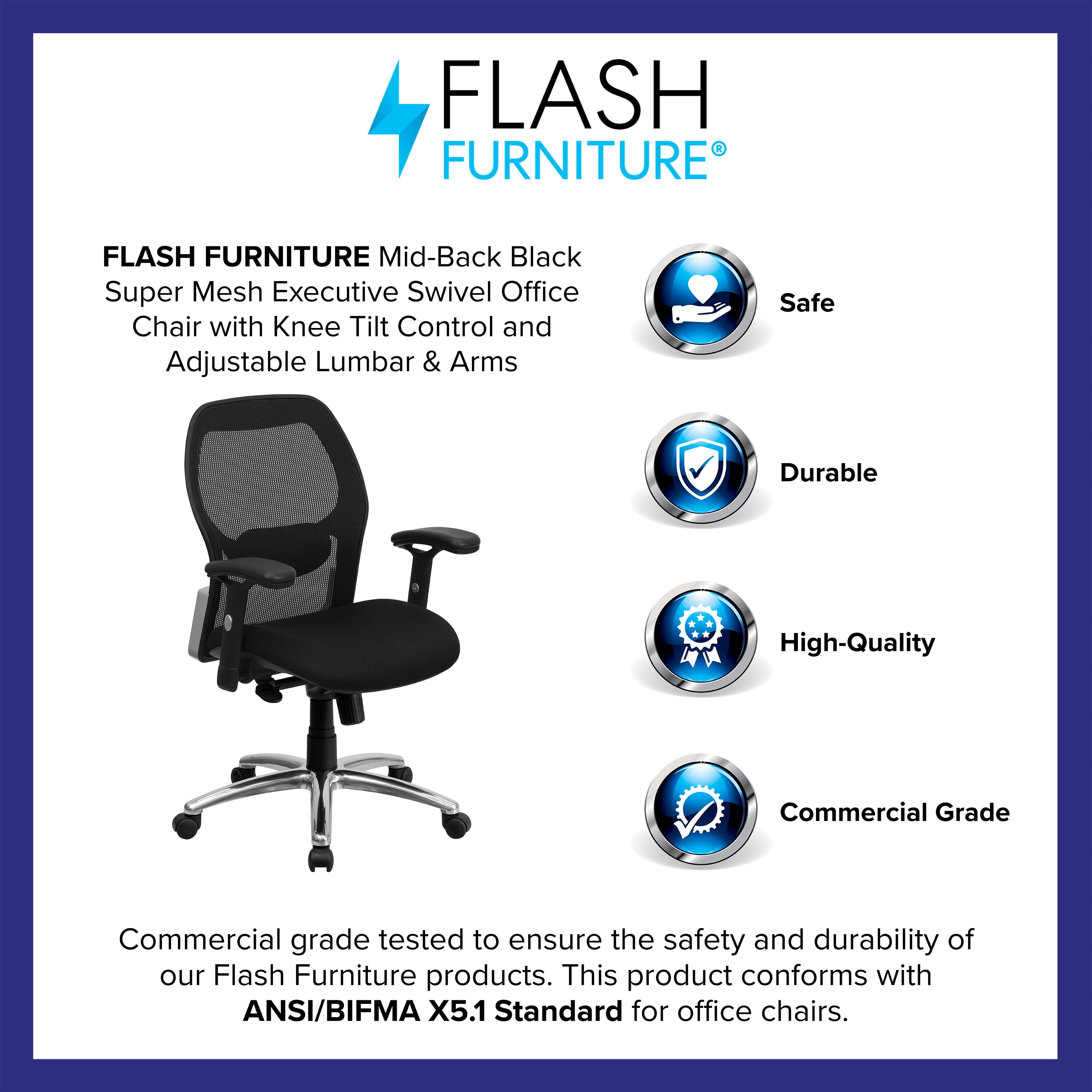 Flash Furniture Mid-Back Black Super Mesh Executive Swivel Office Chair with Knee Tilt Control and Adjustable Lumbar & Arms - Image 4