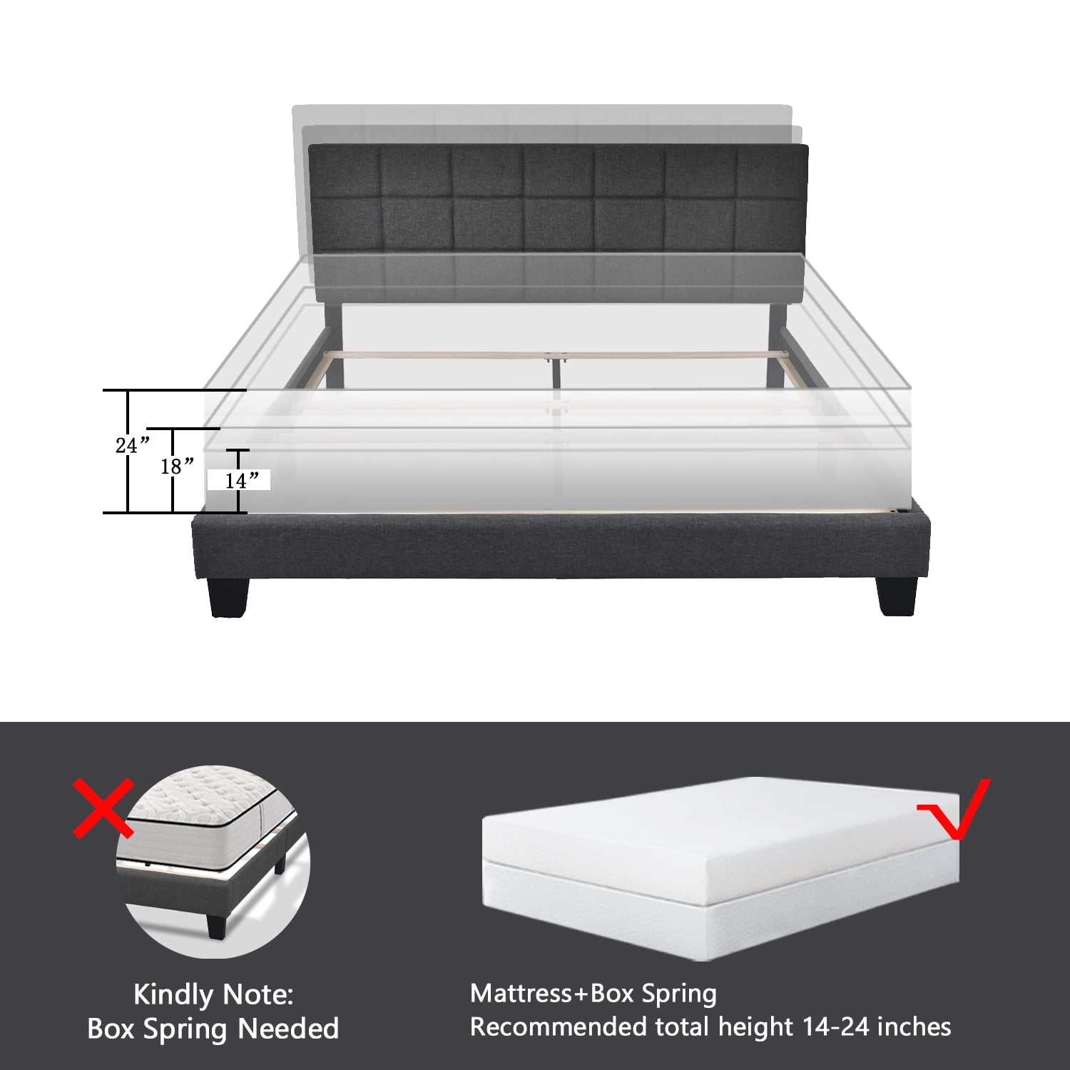 Allewie Queen Size Panel Platform Bed Frame with Adjustable High Upholstered Headboard, Grey - Image 7