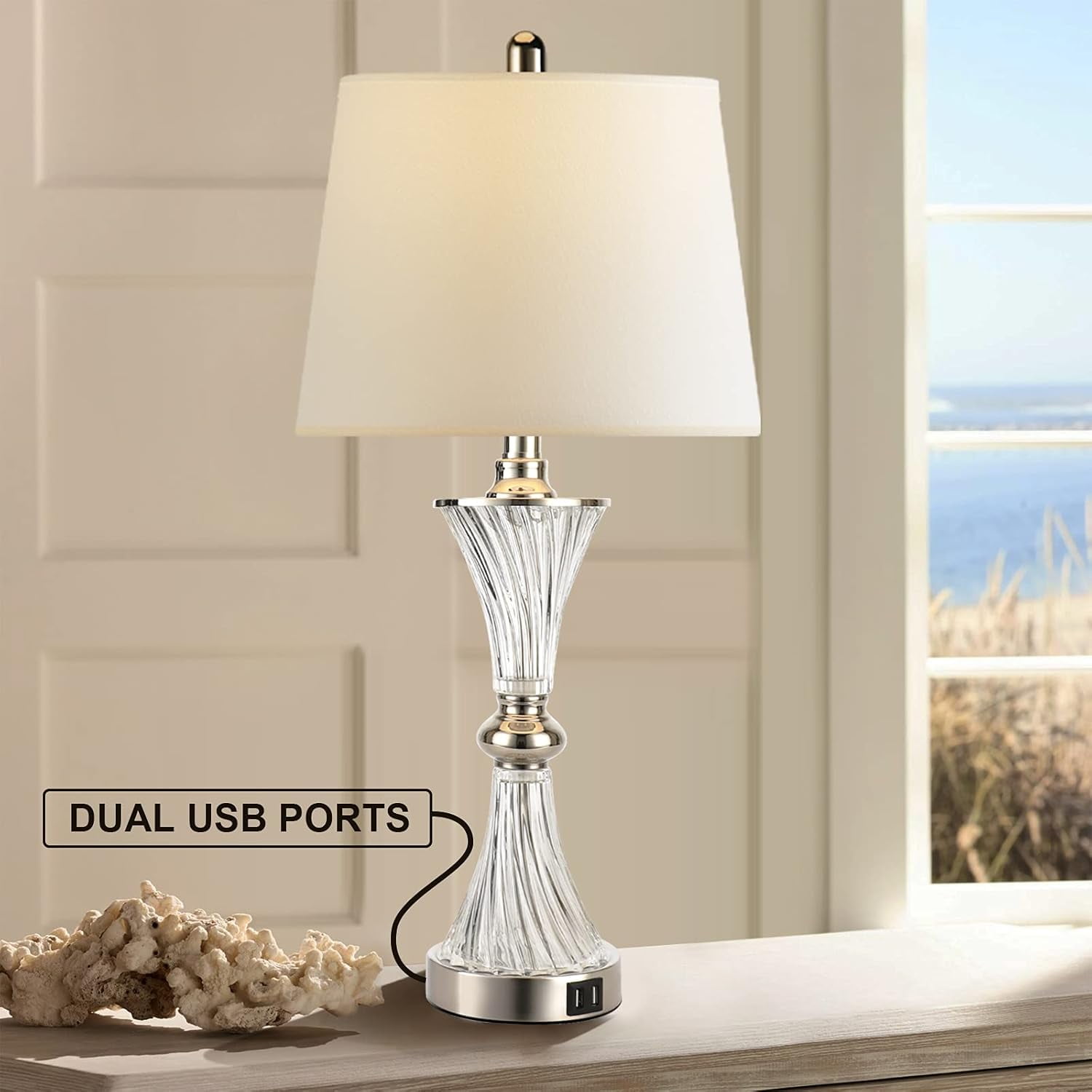 Partphoner 26'' Tall Modern Silver 3-Way Dimmable Touch Control Table Lamps Set of 2 with Dual USB Ports - Image 8