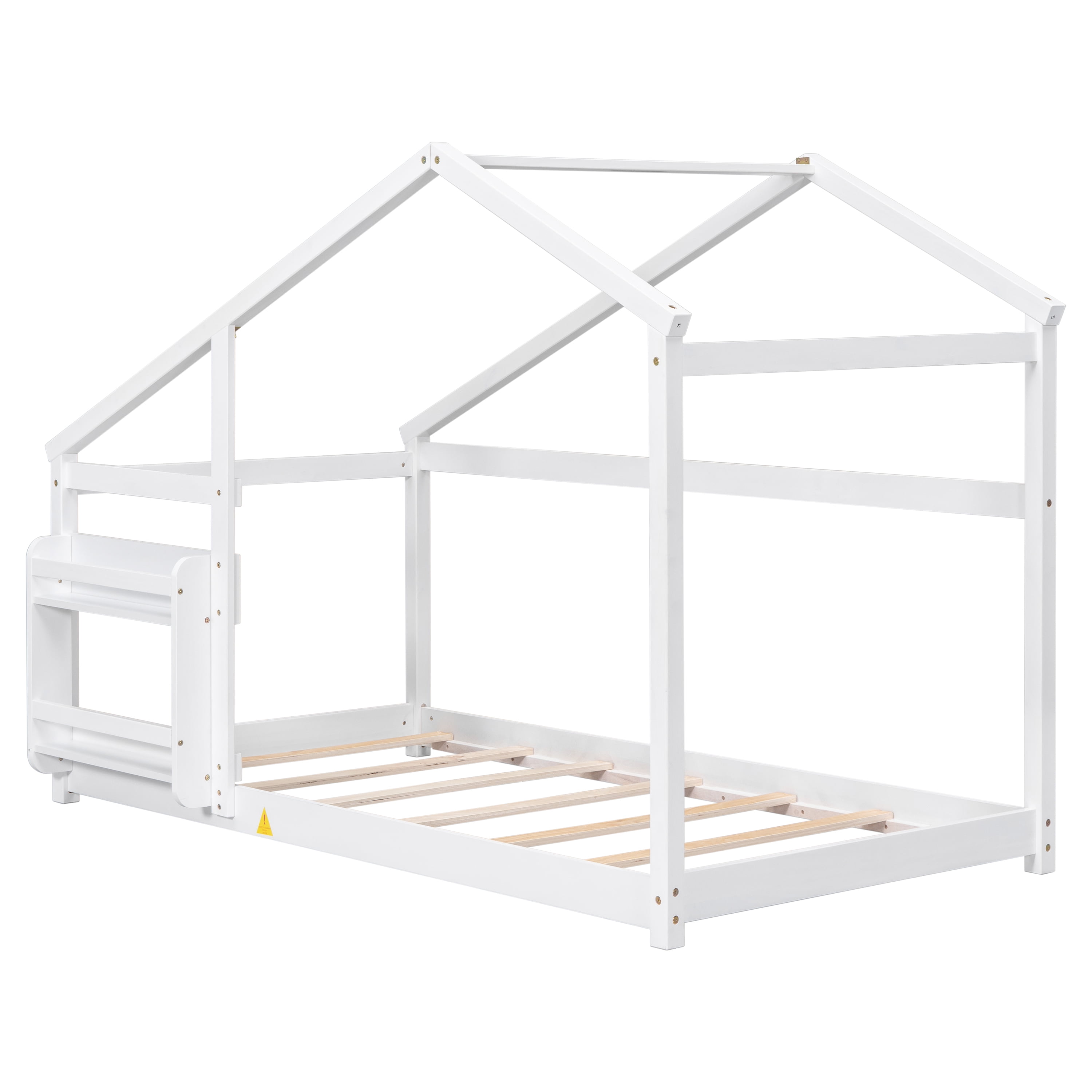 Miniyam Wood Twin Size Floor Bed with Shelf for Kids, Roof Designed, White - Image 7