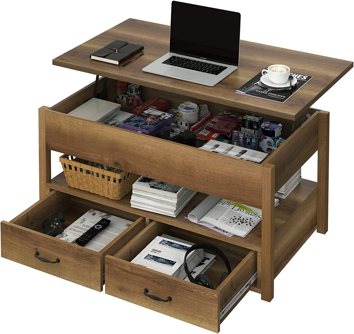 DEXTRUS Wood Lift Top Coffee Tables with 2 Storage Drawers & Hidden Compartment for Living Room Office, Rustic Brown - Image 4