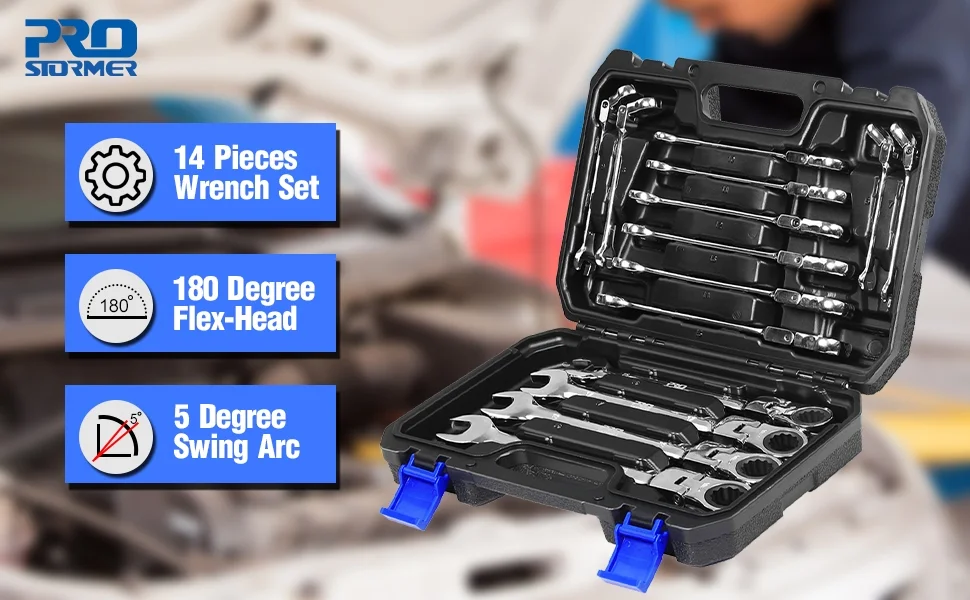 PRO 14-Piece Flex-Head Ratcheting Wrench Set, 6-19cm Metric Chrome Vanadium Steel Ratchet Wrenches, Combination Ended Spanner Kit with Storage Case - Image 8