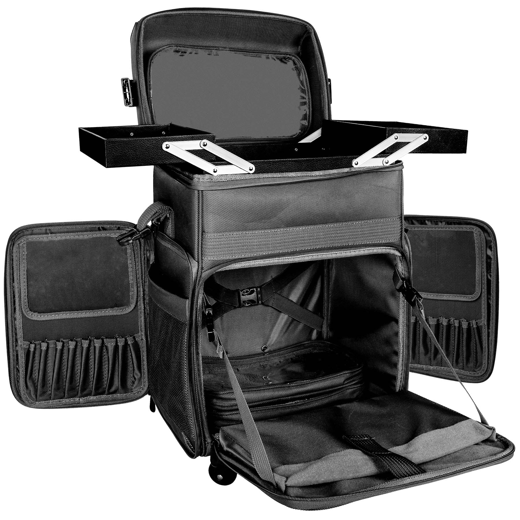 SHANY Soft Rolling Makeup Trolley Case - Multi Compartment with Laptop/iPad Holder - Set of 3 Free Cosmetic Organizers - 360 Wheels - BLACK - Image 5