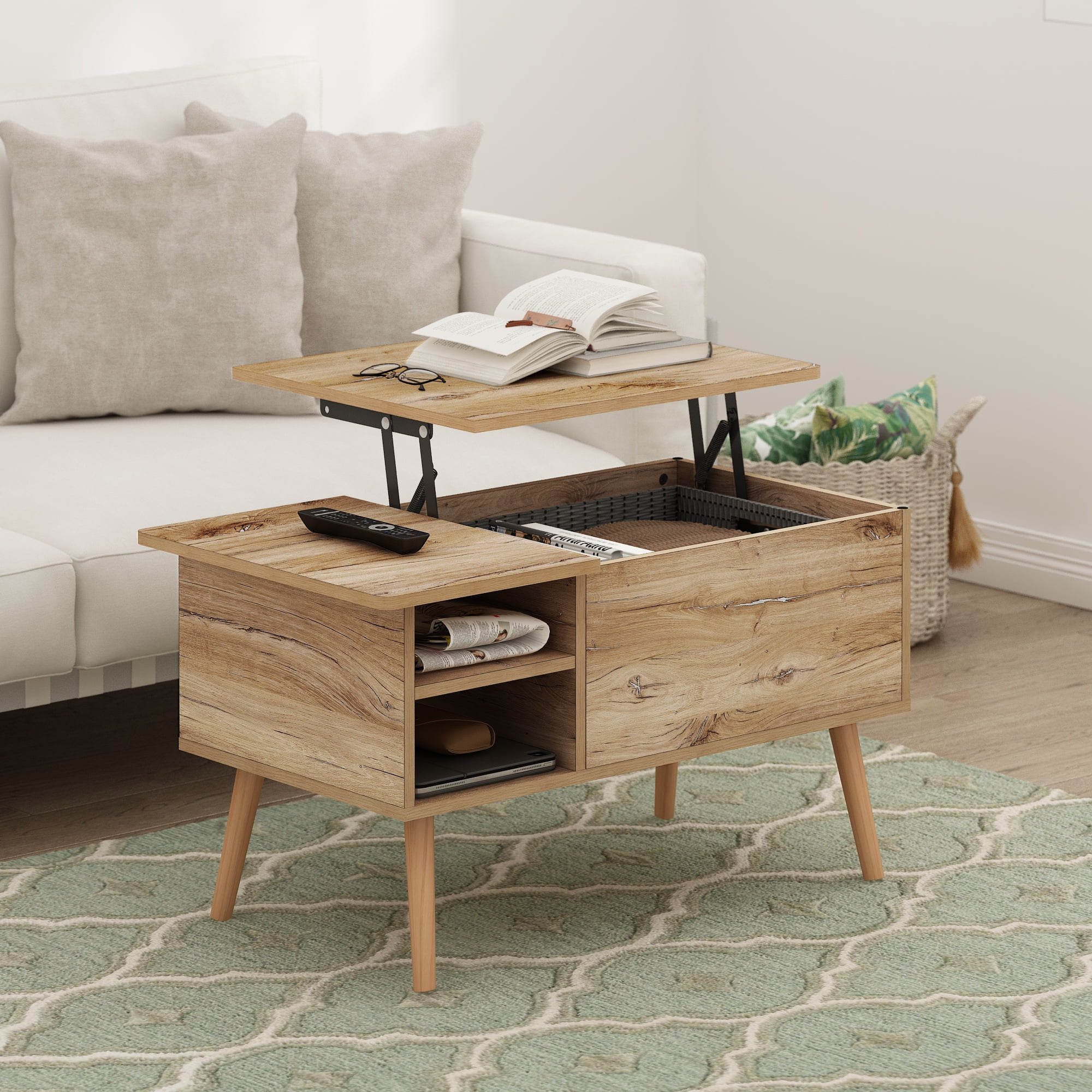 Furinno Jensen Wooden Leg Lift Top Coffee Table With Hidden Compartment and Side Open Storage Shelf for Living Room, Flagstaff Oak - Image 6