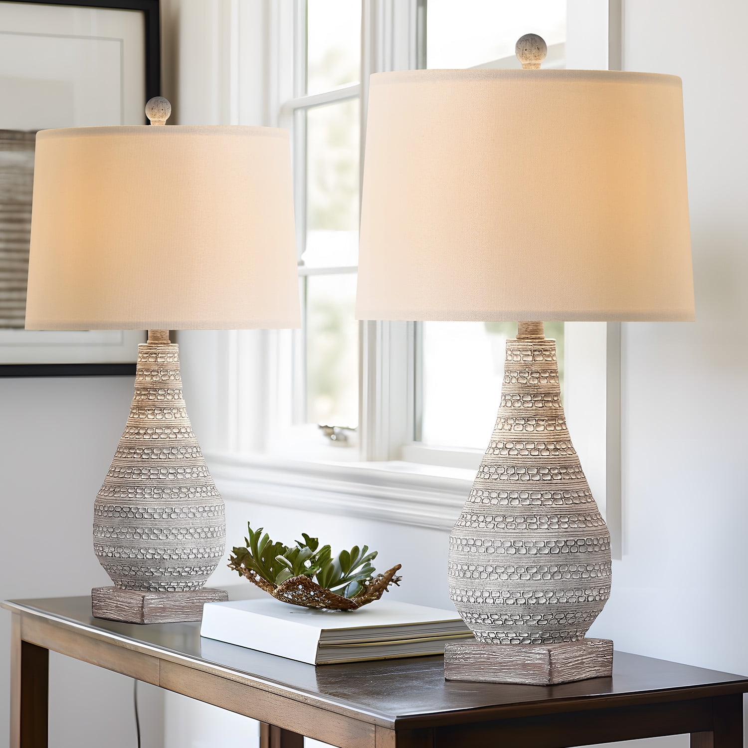 Oneach 24.8" Resin Table Lamps Farmhouse Set of 2 for Bedroom Living Room Nightstand Bedside Lamp - Image 5