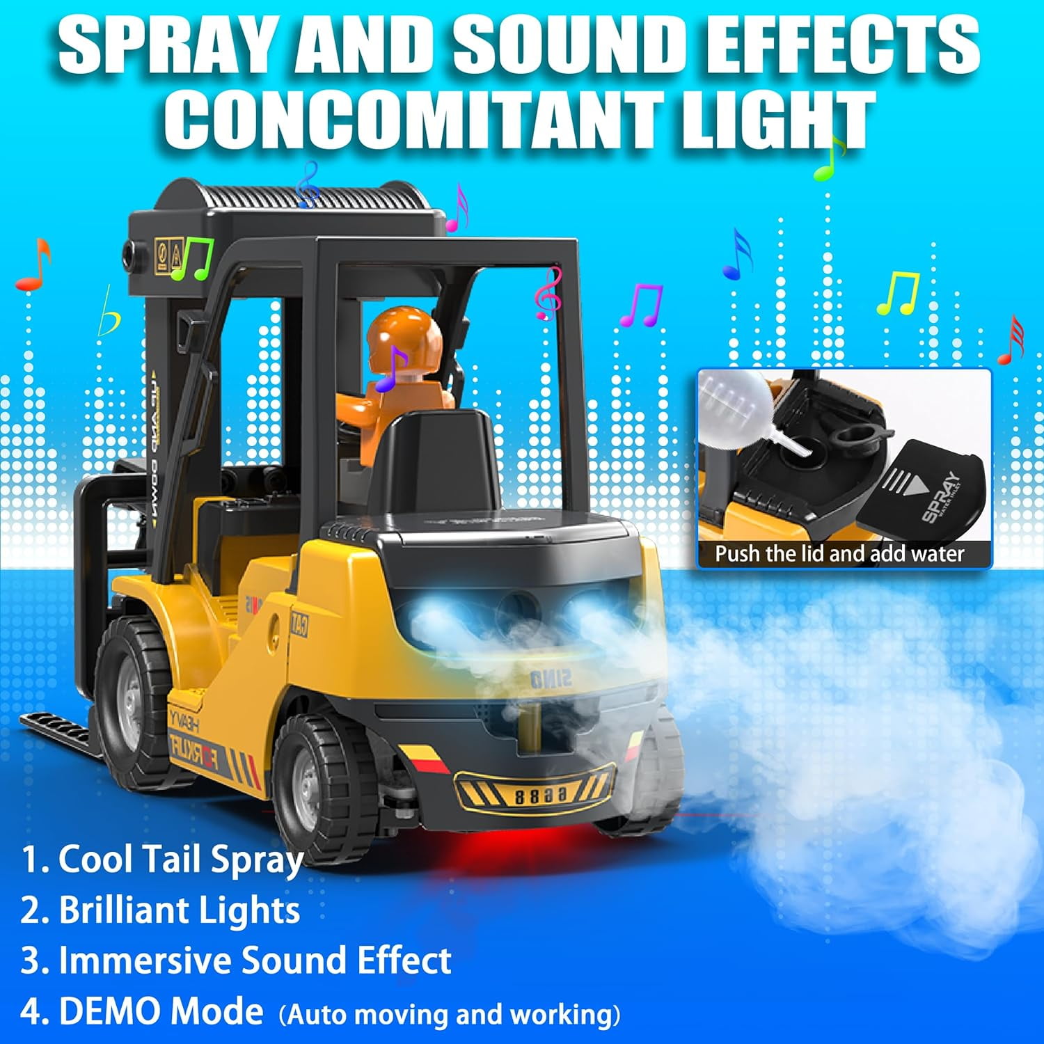 RC Forklift Truck, Remote Control Crane, Full Function Forklift RC Construction Toys Car, 2 Batteries, Spray, Light, Fork Crane Truck Toy Gift for Kids 6+ - Image 2