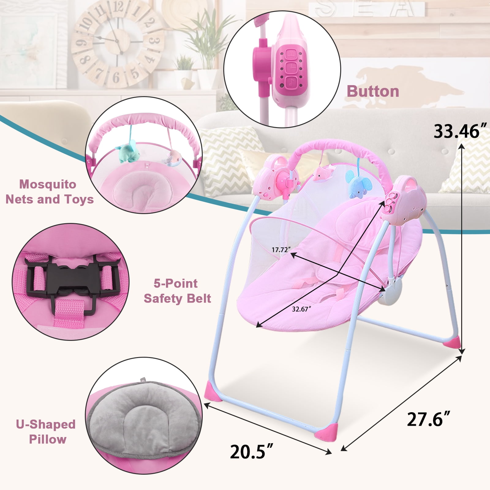 YANAOFFE Electric Baby Swing for Infant Bluetooth Swing with Music,Remote Control,4 Speeds, Pink - Image 6