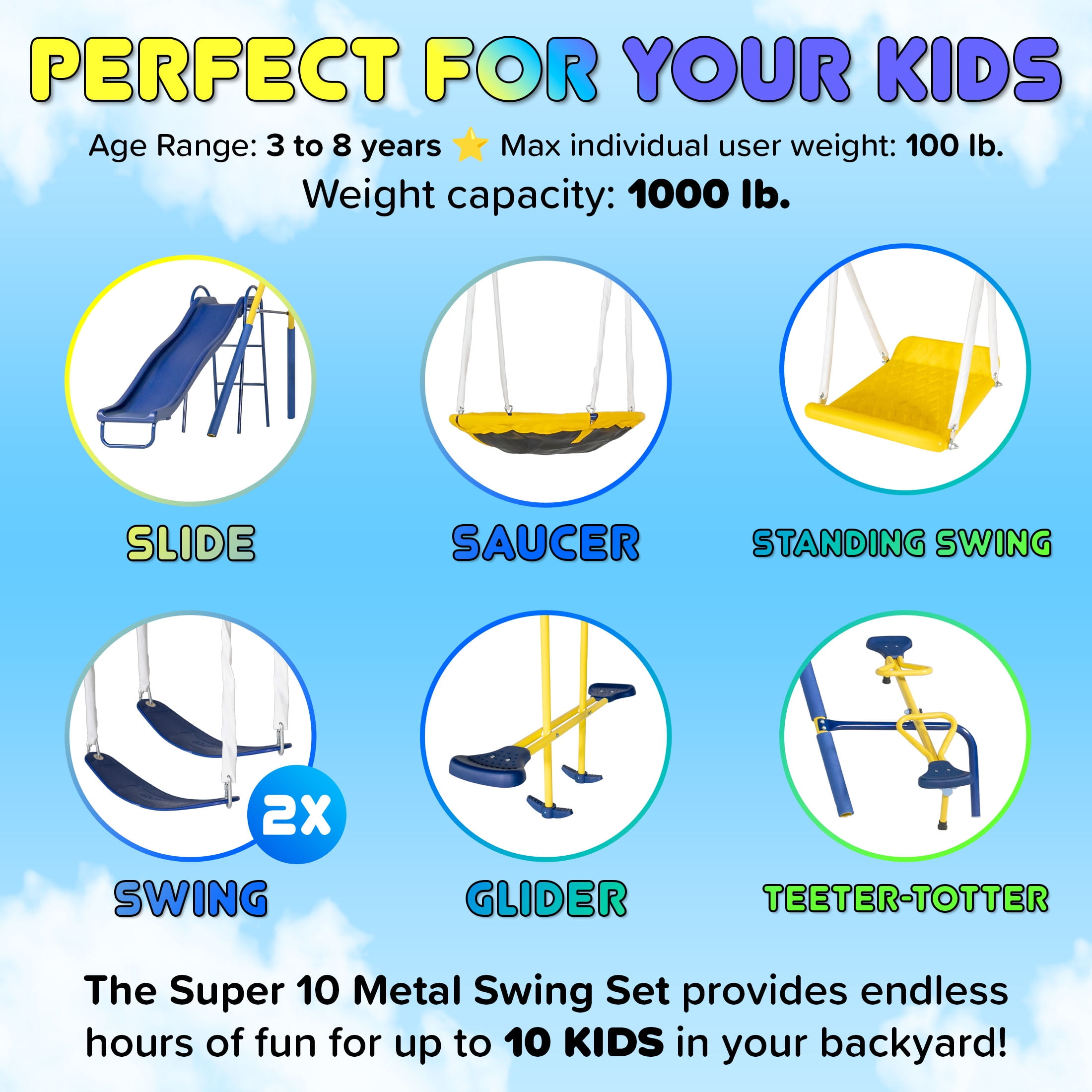 Sportspower Super 10 Metal Swing Set with Saucer Swing, Standing Swing, Teeter-Totter, Lifetime Warranty on Slide & Bonus Anchor Kit, Great for Kids 3-8 - Image 9