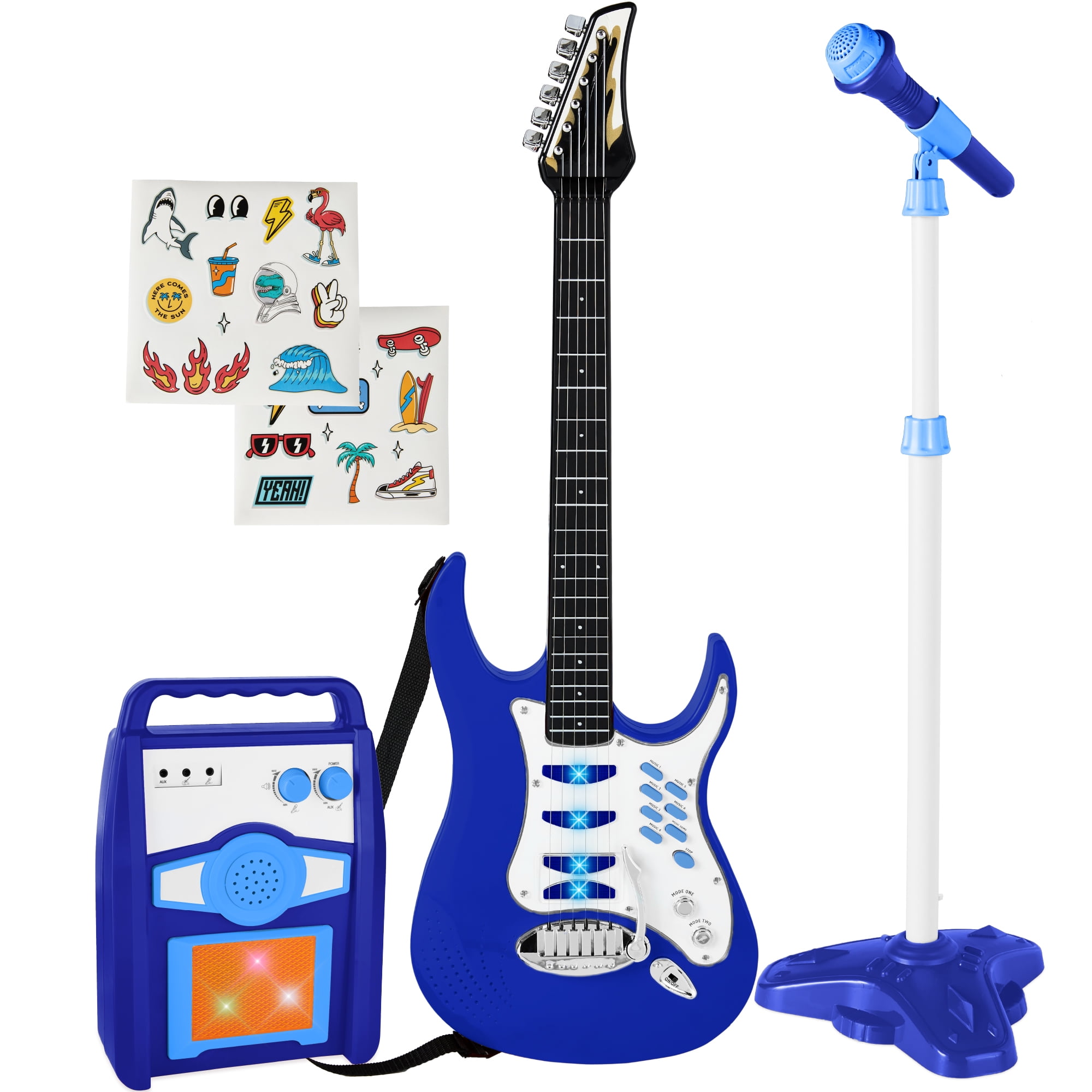 Best Choice Products Kids Electric Musical Guitar Toy Play Set w/ 6 Demo Songs, Whammy Bar, Microphone - Blue - Image 7