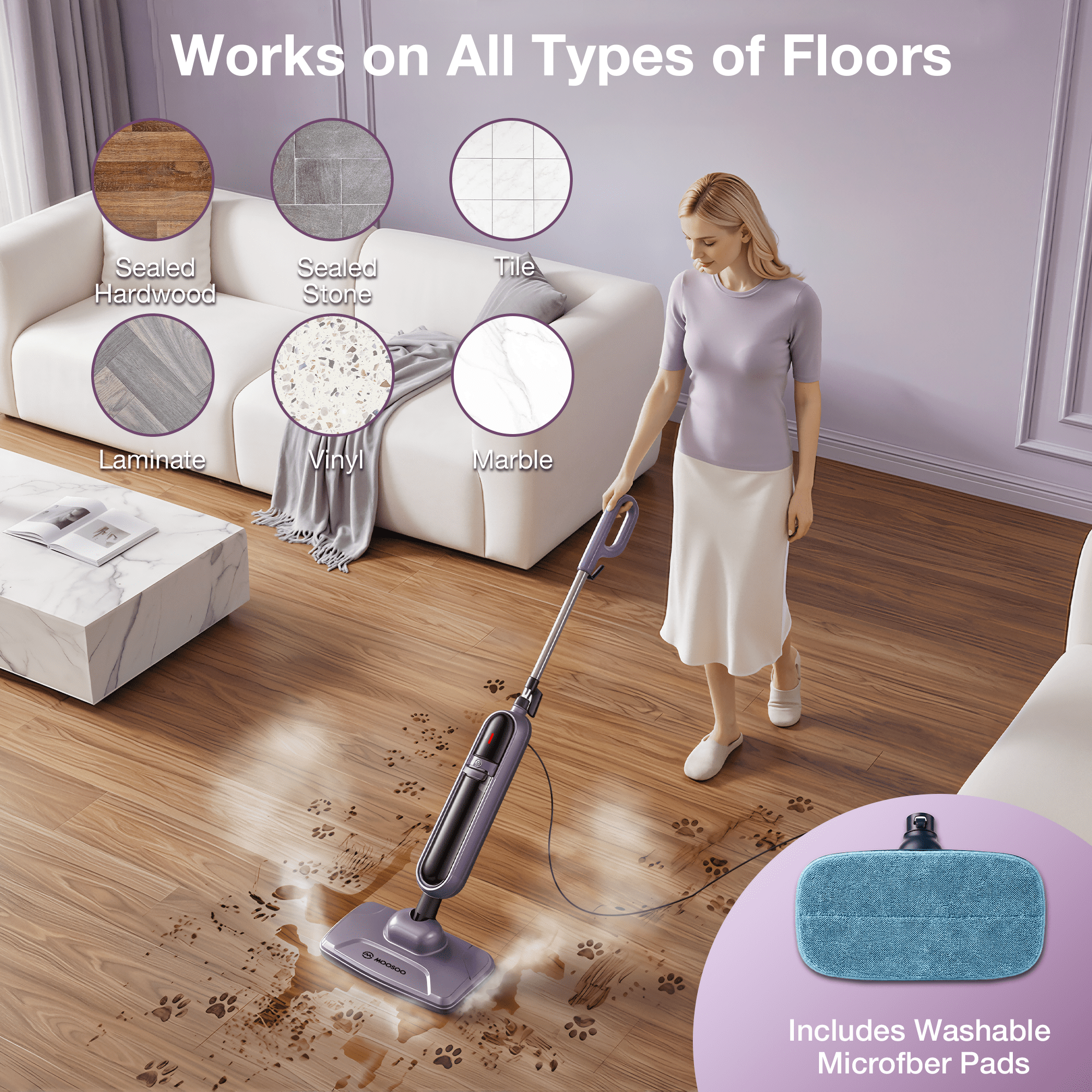 Maircle All-in-1 Steam Mop Cleaner, 17oz Large Water Tank, Detachable Steam Cleaner for Hardwood Tile Grout, Furniture, Purple - Image 3