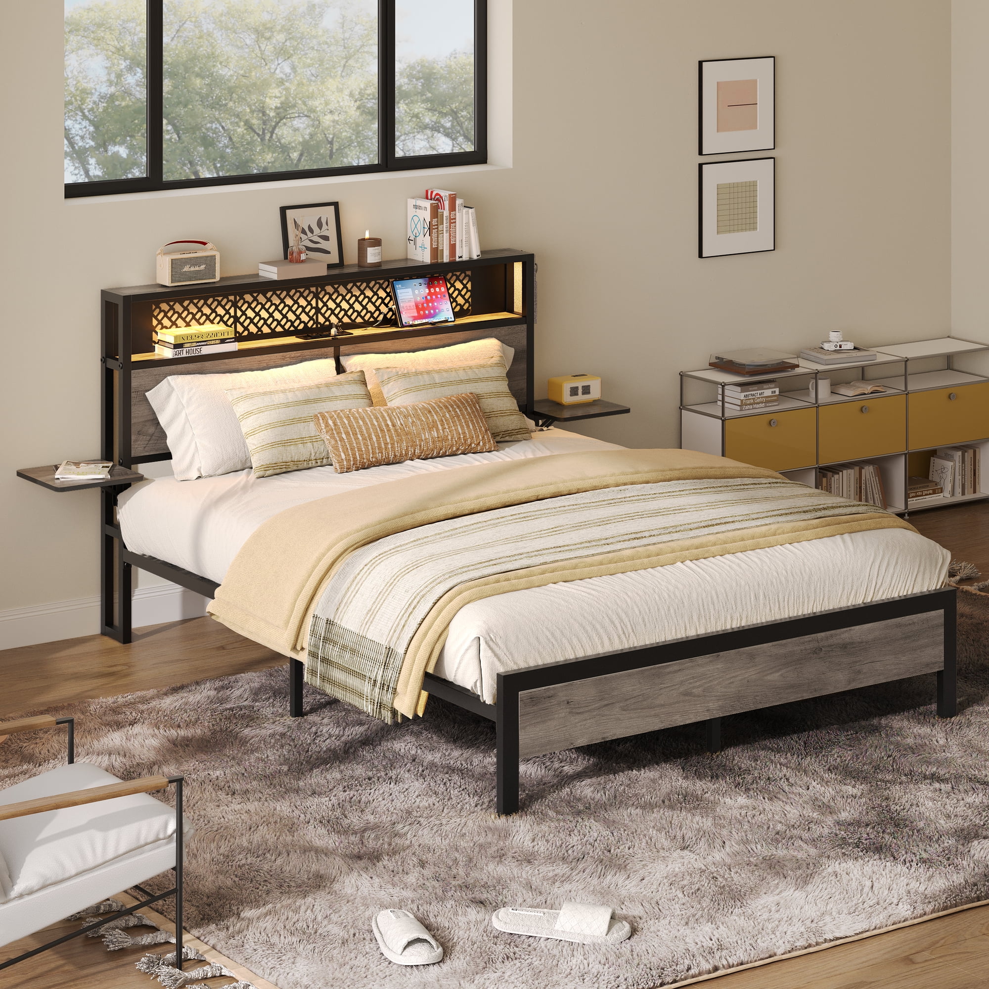 Bestier Queen Size Platform Bed Frame with Wood Foldable Bedside Shelves and LED Storage Headboard Charge Station, Gray - Image 2