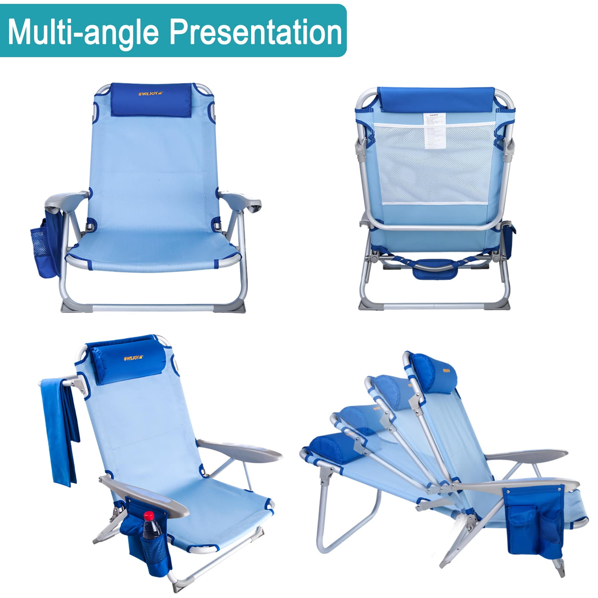#WEJOY Backpack Beach Chair, 4-Position Adjustable Folding Chair, Aluminum Folding Beach Chair, Low Camping Chair for Adults with Headrest, Cup Holder, Towel Rack, Max Load 265 lbs - Image 5