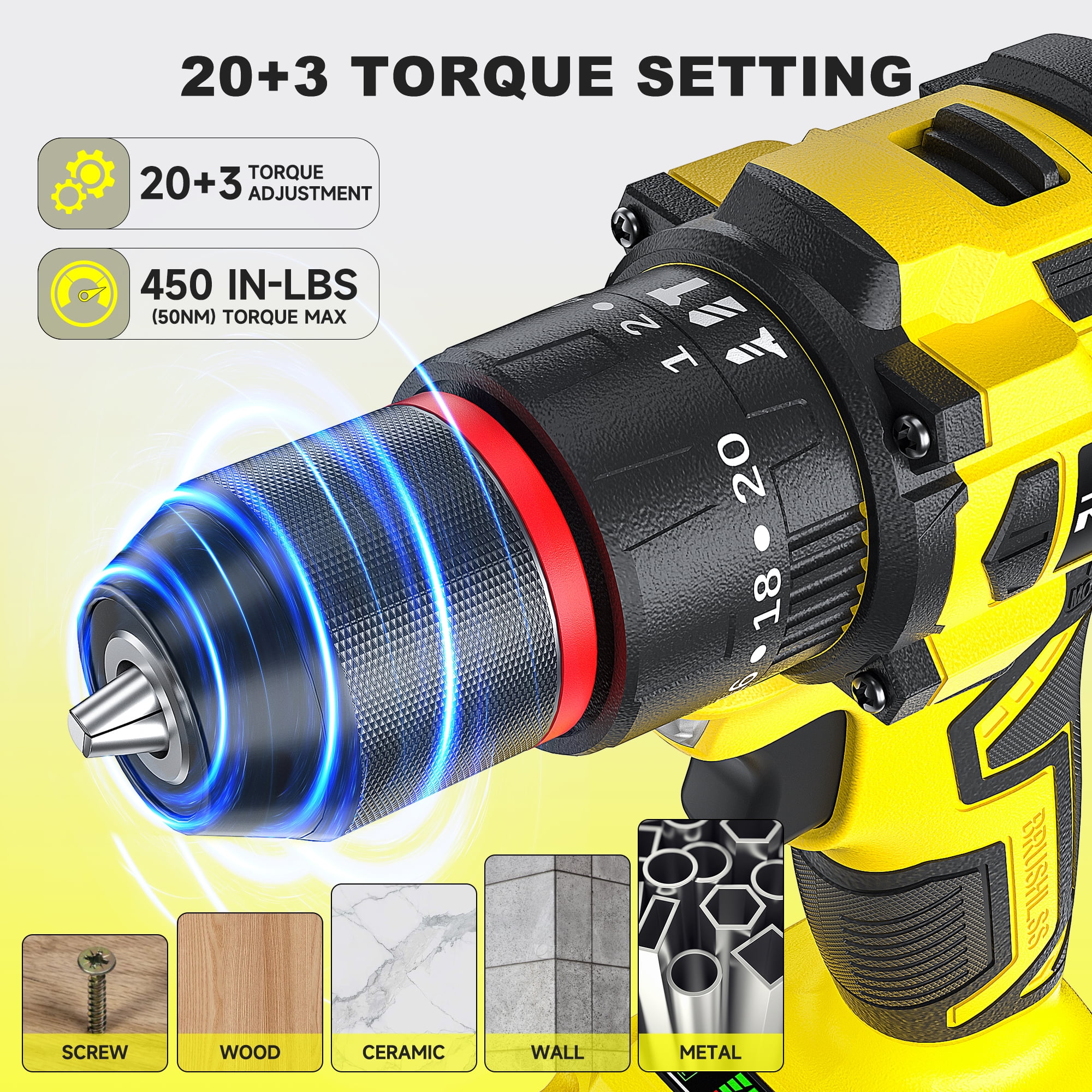 RUBIK Brushless 21V Cordless Drill Driver Kit - Max 50Nm Impact Drill, 2x 2000mAh Batteries, 3/8” Keyless Chuck & LED Light, 450 In-lb Torque, 20+3 Clutch, 2-Variable Speed and Fast charge - Image 7