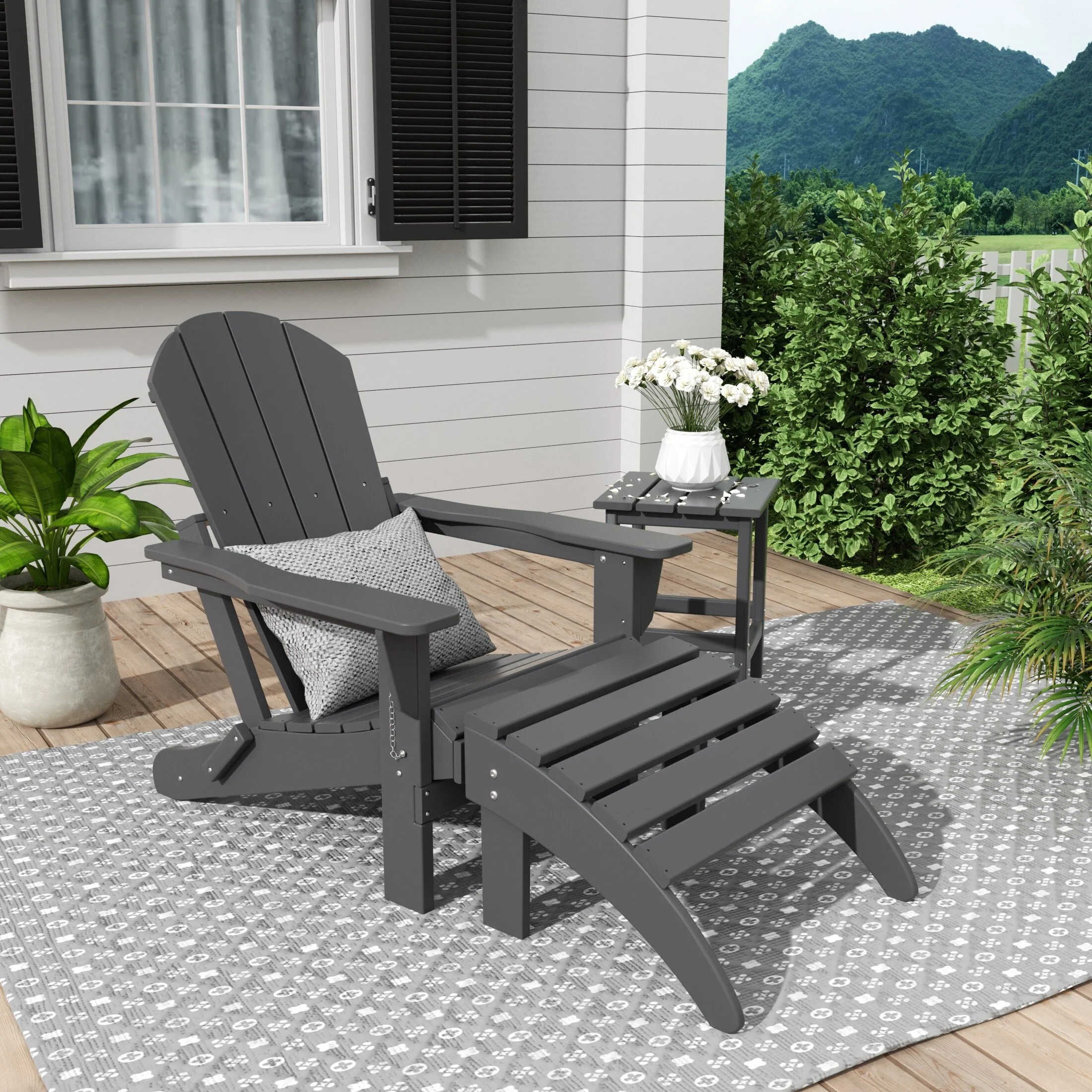 Polytrends Laguna Hdpe All Weather Outdoor Patio Foldable Adirondack Chair With Ottoman And Side Table (3-Piece Set) Gray - Image 2