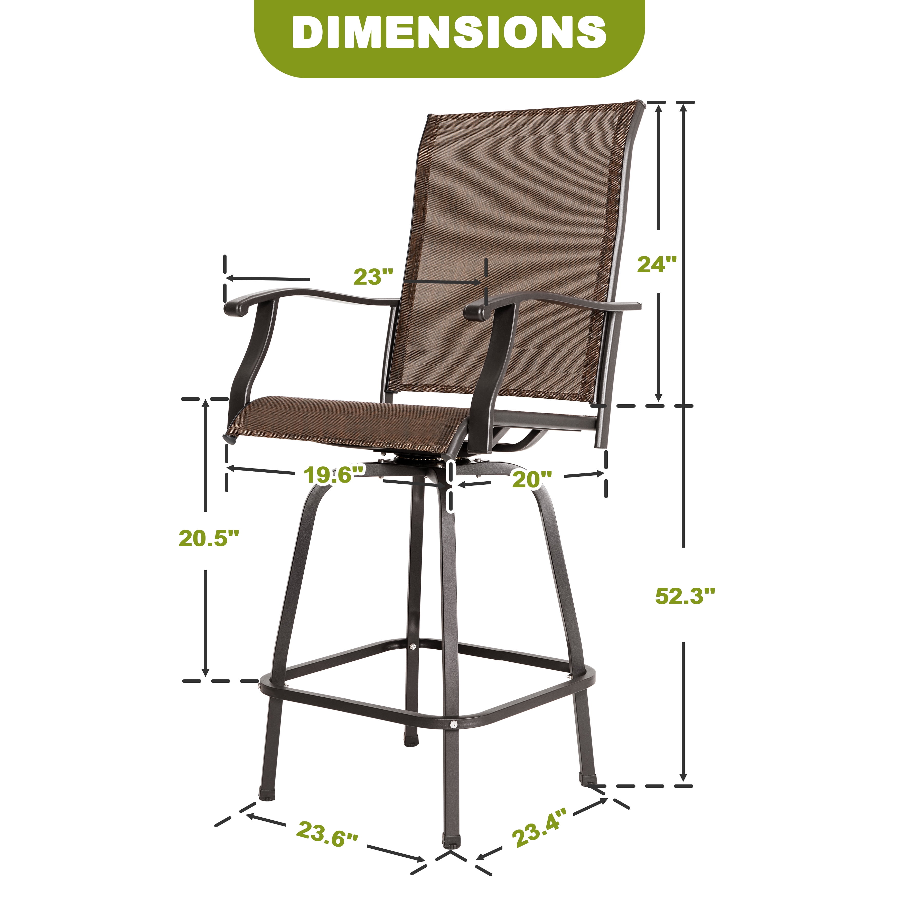 Nuu Garden Outdoor Patio Swivel Bar Stool Set, 2 Piece Seating Iron Bar Height Outdoor High Chairs with Armrests and Footrest, All-Weather Textilene, Brown - Image 4