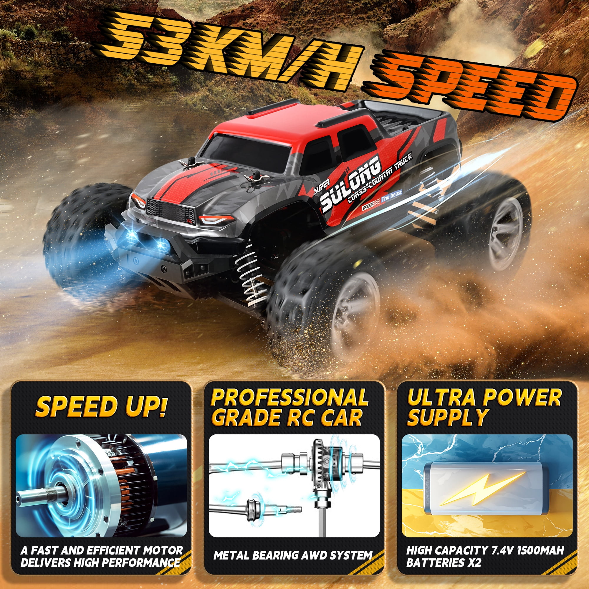 Remote Control Car - 1:14 High Speed Fast RC Cars, 53KM/H 4WD RC Truck, RC Drift Car for Kids Adults , Off Road Variable-Speed Vehicle with 2 Rechargeable Battery - Image 6