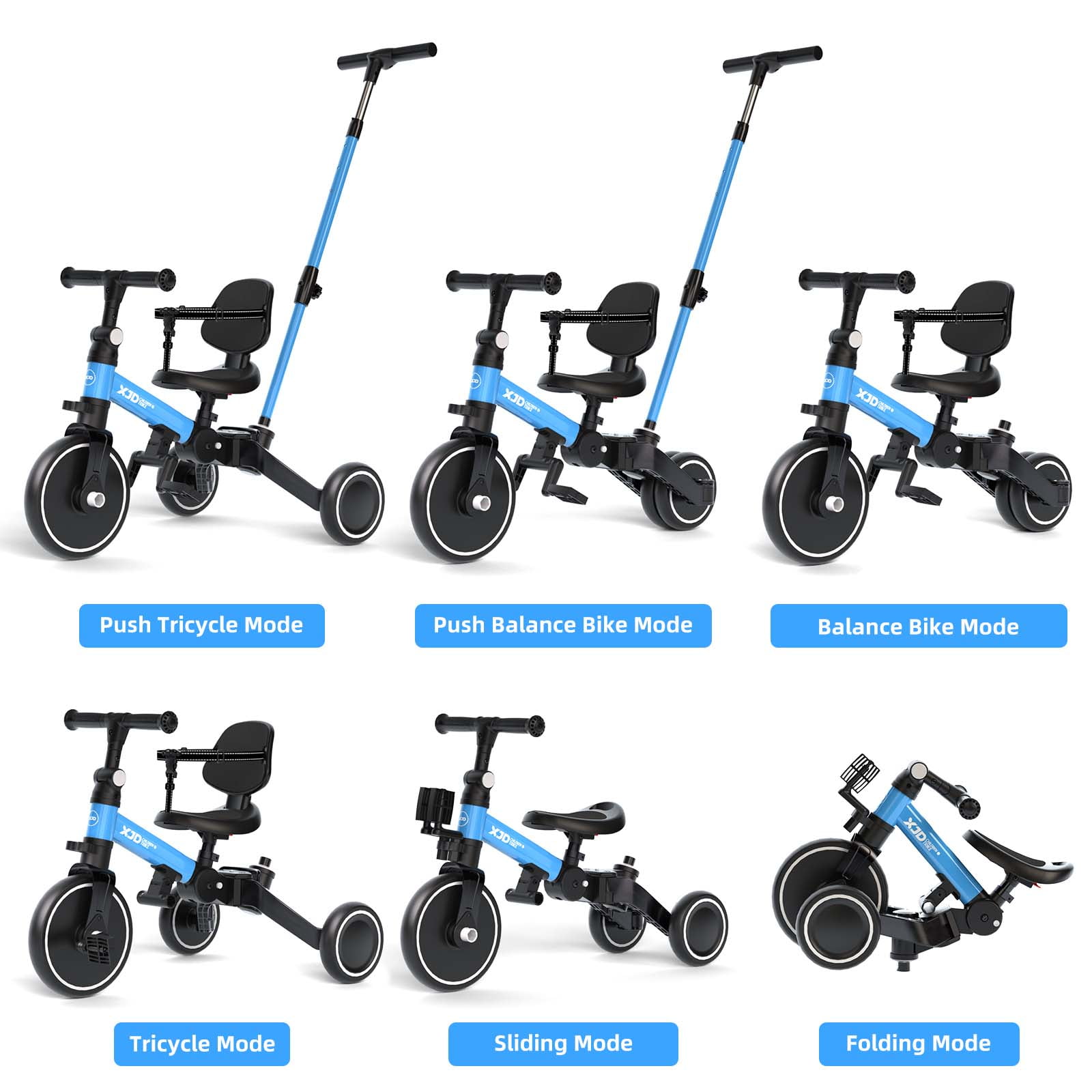 XJD 7-in-1 Toddler Bike with Push Handle for 1 Year to 4 Years Old Kids, Toddler Tricycle Kids Trikes Tricycle, Gift & Toys for Boy & Girl, Balance Training, Removable Pedals,Blue - Image 3
