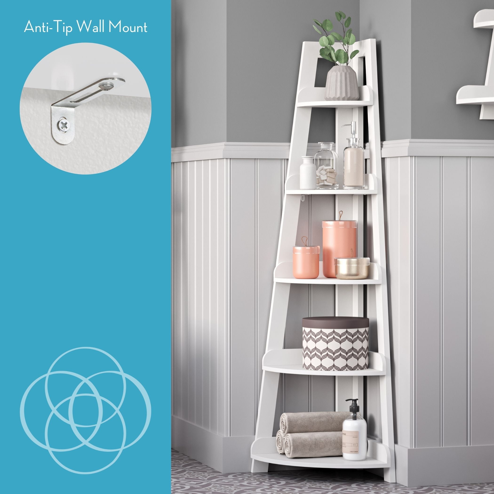 RiverRidge Amery 5-Tier Tall Corner Storage Ladder Shelf Tower with Display Shelves- White - Image 5