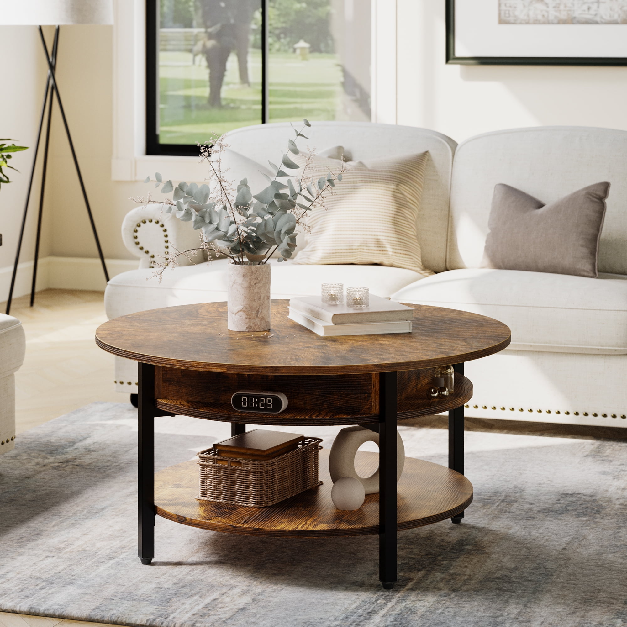 GUNAITO Round Lift Top Small Coffee Table with Storage Modern Farmhouse Center Table with Shelf 2 Tier Circle Table for Living Room Rustic Brown - Image 2