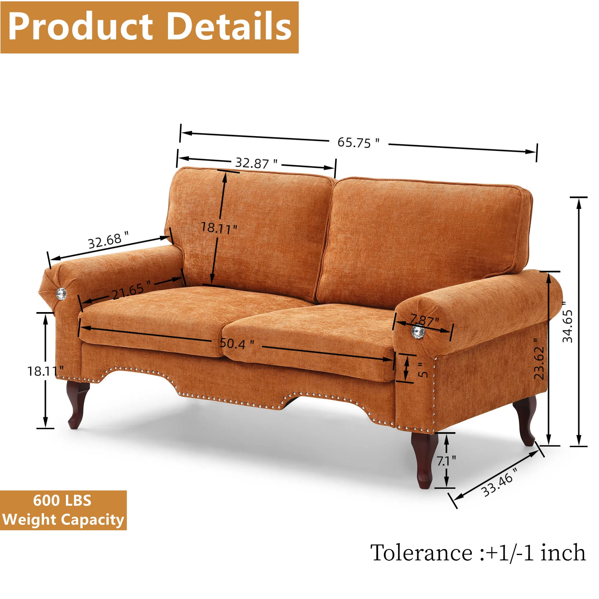 Aukfa 66" Small Sofa Deep Seat Couch with Crystal Button&Copper Nail, Roll Arm, Linen, Orange - Image 7