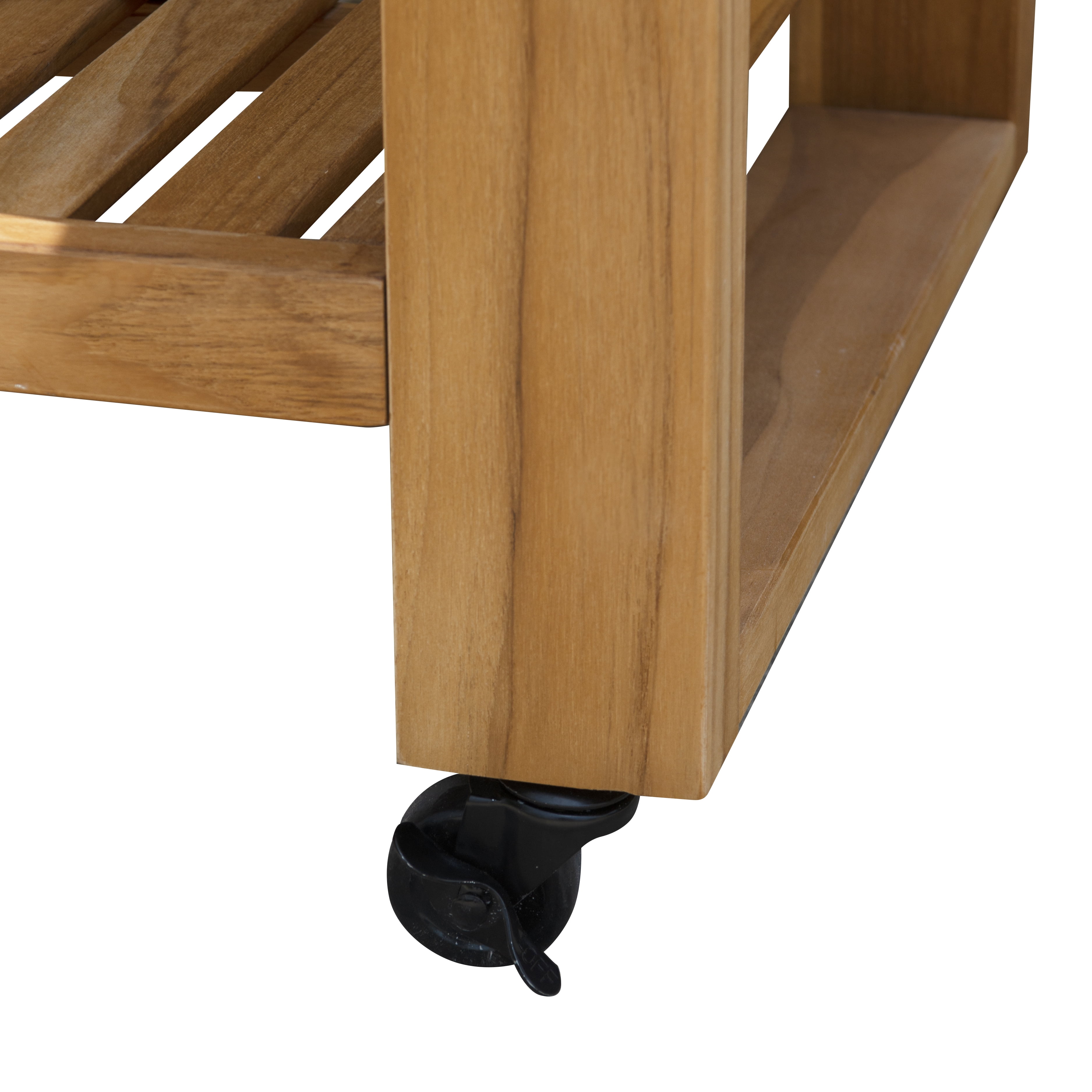 Linon Cormeer Outdoor Island Slatted Surface Teak Kitchen Island Wheels and Locking Casters, Natural - Image 6