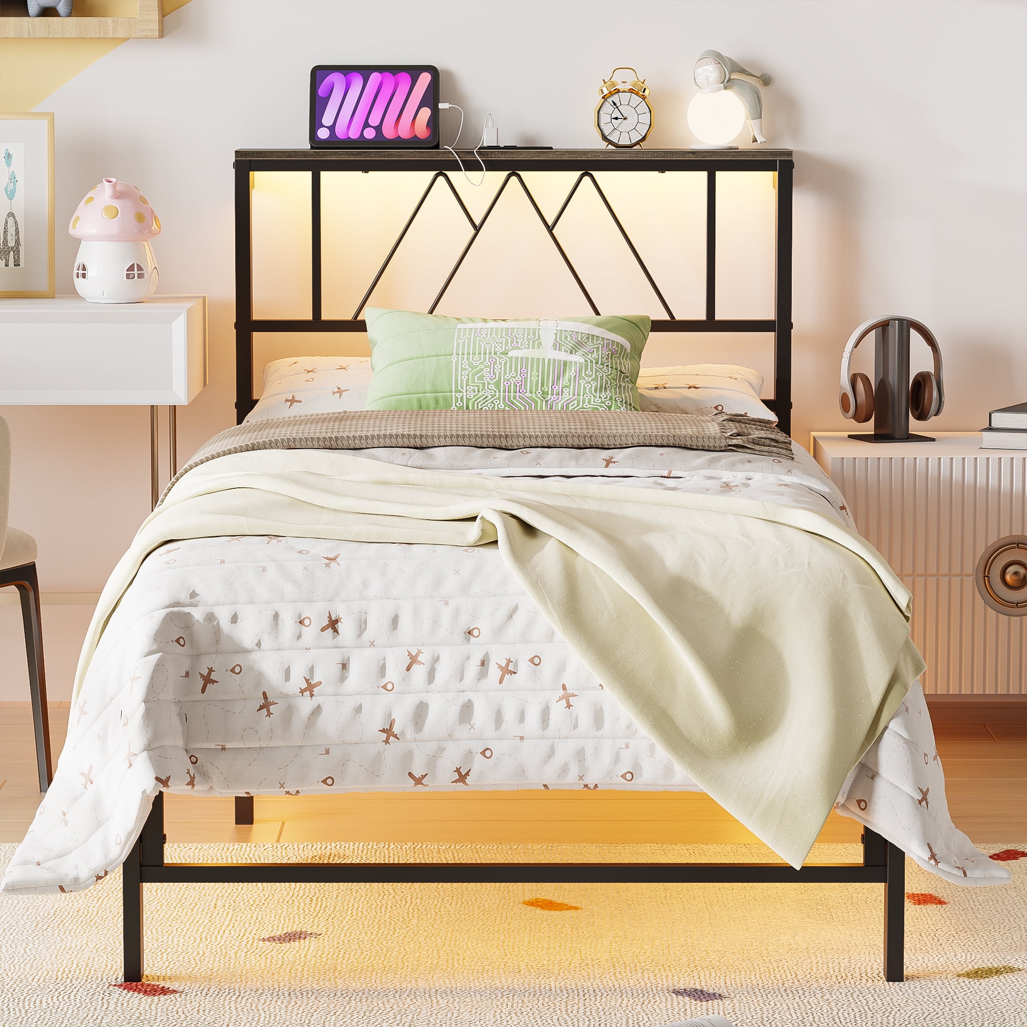 Yoneston Kids Twin Bed Fame with Charging Station LED Storage Headboard, Sturdy Metal Platform Bed Frame with Under-Bed Light for Boys Girls, Black - Image 11