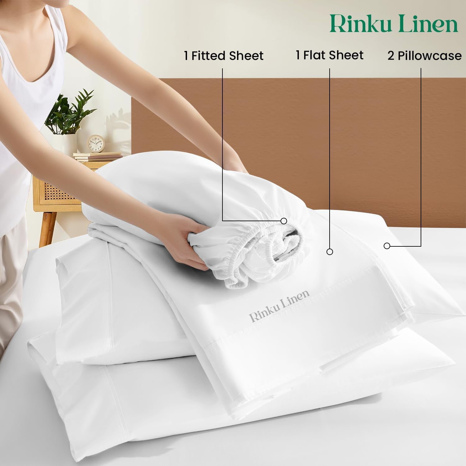 600-Thread-Count 100% Egyptian Cotton Sheet Set QUEEN Size Fits 9-12 Inches Deep Pocket ( Solid, Classic White ) - Image 2