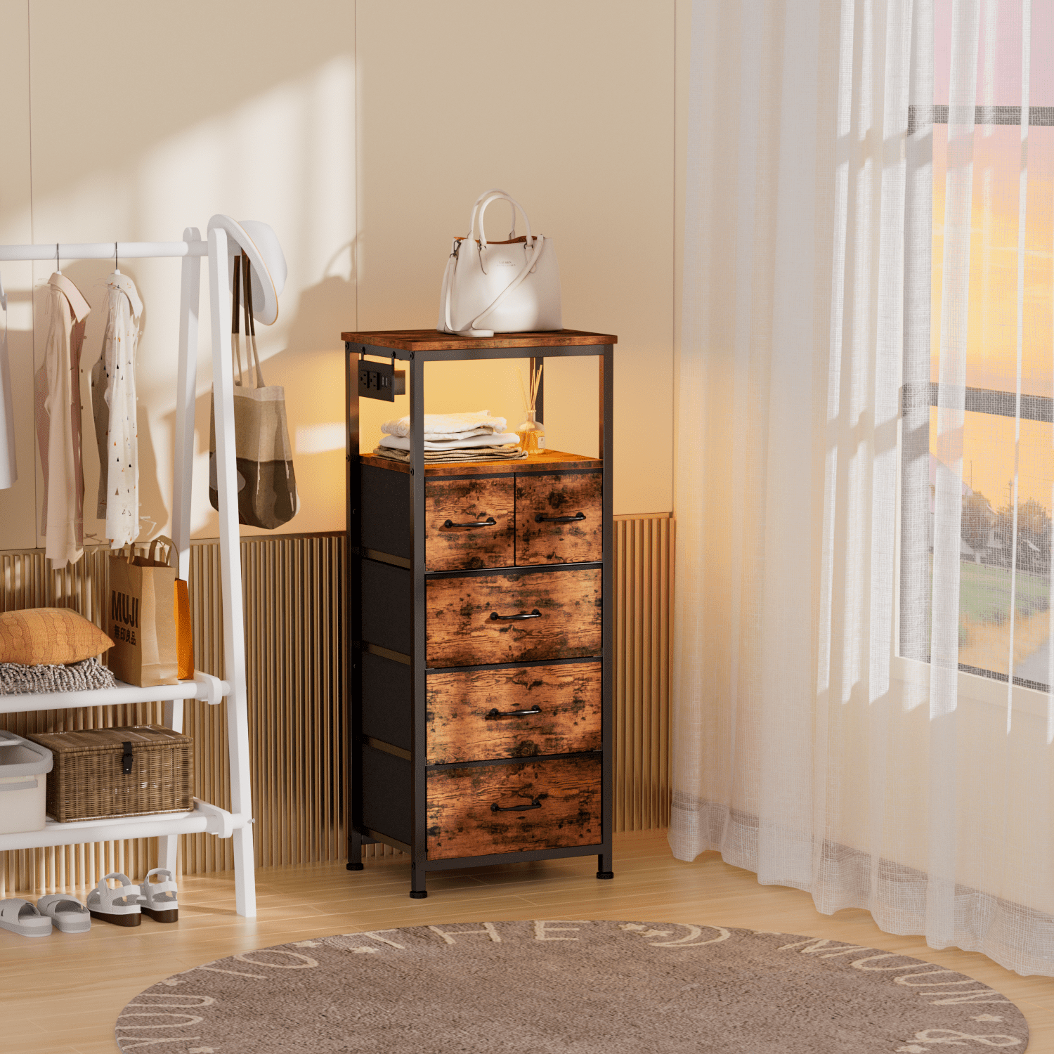 Furologee Vertical Storage Dresser with 5 Drawers & Shelves for Bedroom, Living Room, Nightstand with Charging Station & Led Lights for Adult, Rustic Brown - Image 10