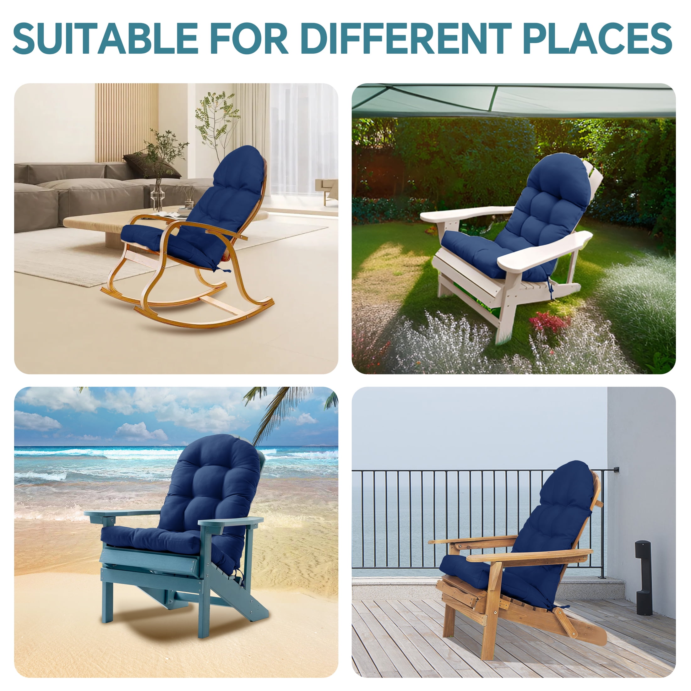HioHa Adirondack Chair Cushion, 49x20x4.5 inch Patio Chair Cushion with Ties, Rocking Chair Pad Cushion Indoor/Outdoor with Sunproof Waterproof and Fade-Resistant(Blue, 2pc) - Image 3