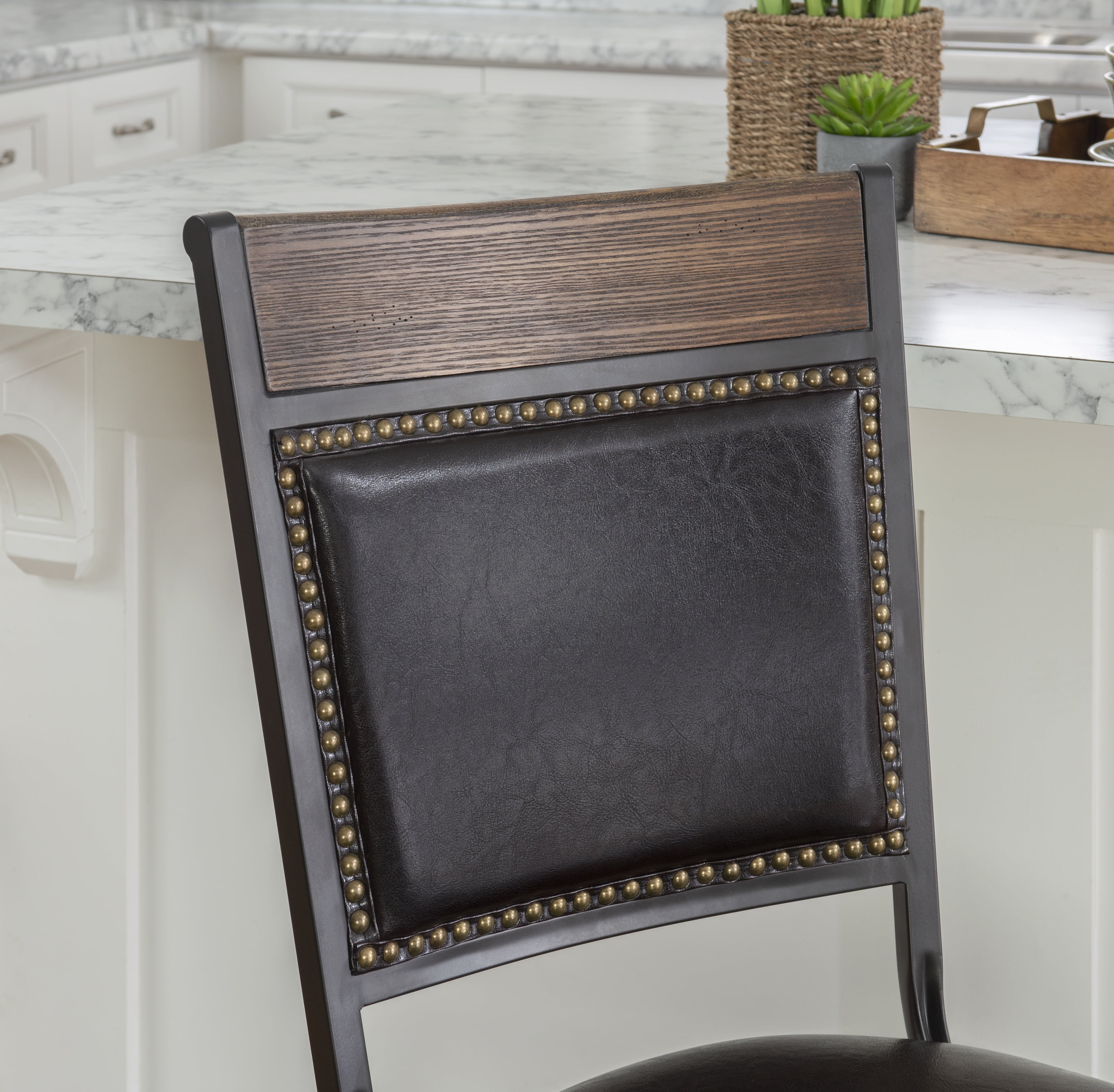 Powell Holloway 24" High Back Indoor Rund Metal Counter Stool with Swivel, Black/Dark Brown Faux Leather - Image 6