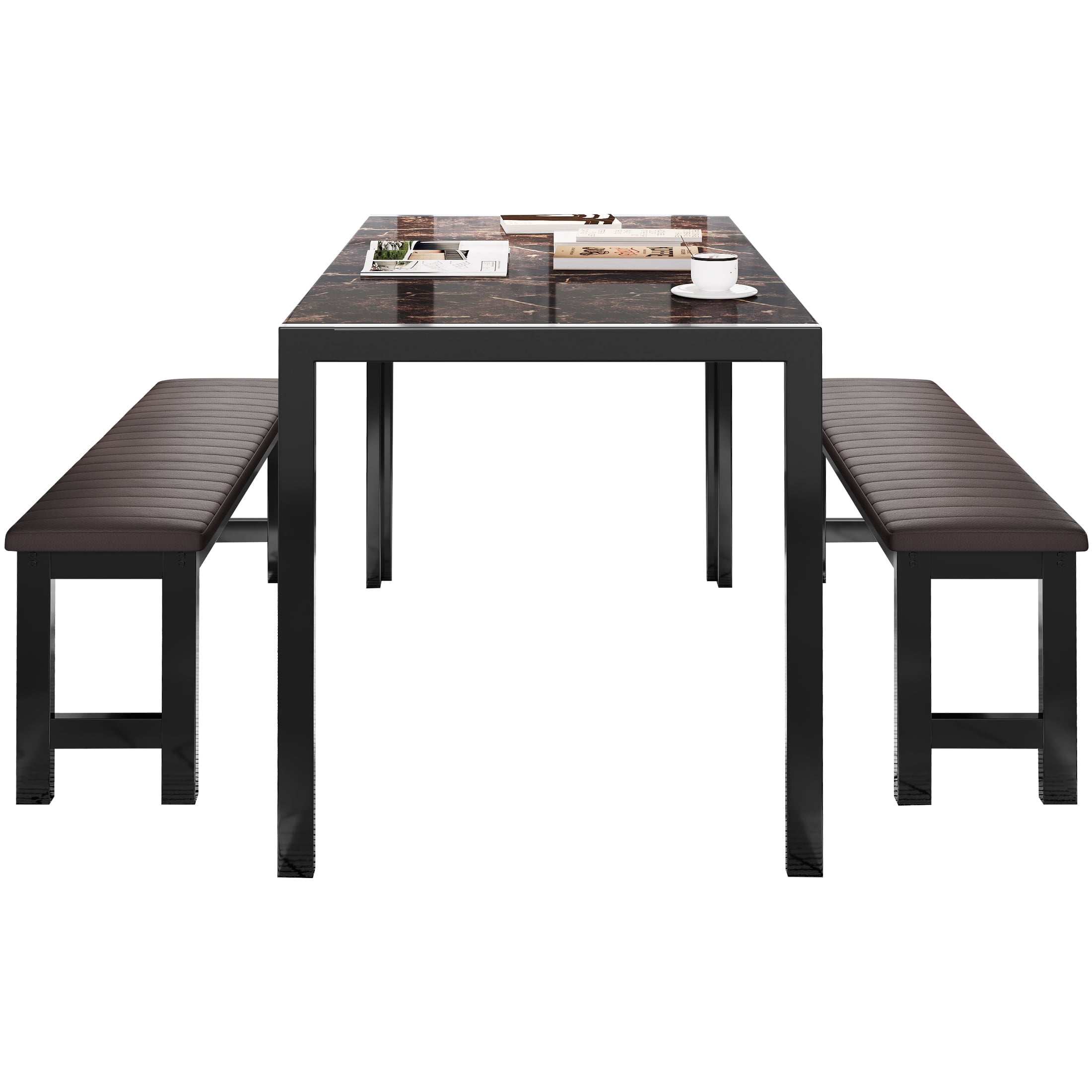 PORKISS Dining Table Set for 4, Faux Marble Kitchen Table Set with 2 PU Leather Benches, Breakfast Nook Set for Small Spaces, 3 Piece Dining Room Table Set, Brown+Black - Image 10